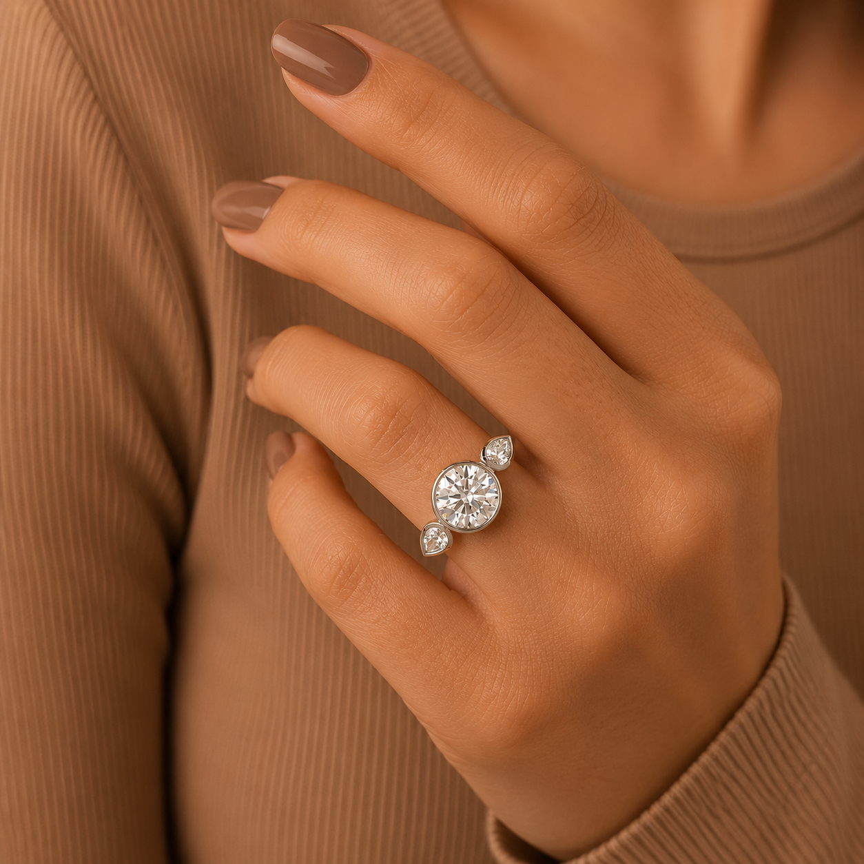 Round Cut Lab Grown Diamond Ring, Pear Side Stone Ring, Modern Gold Engagement Ring, Minimalist Bridal Ring, Anniversary Gift