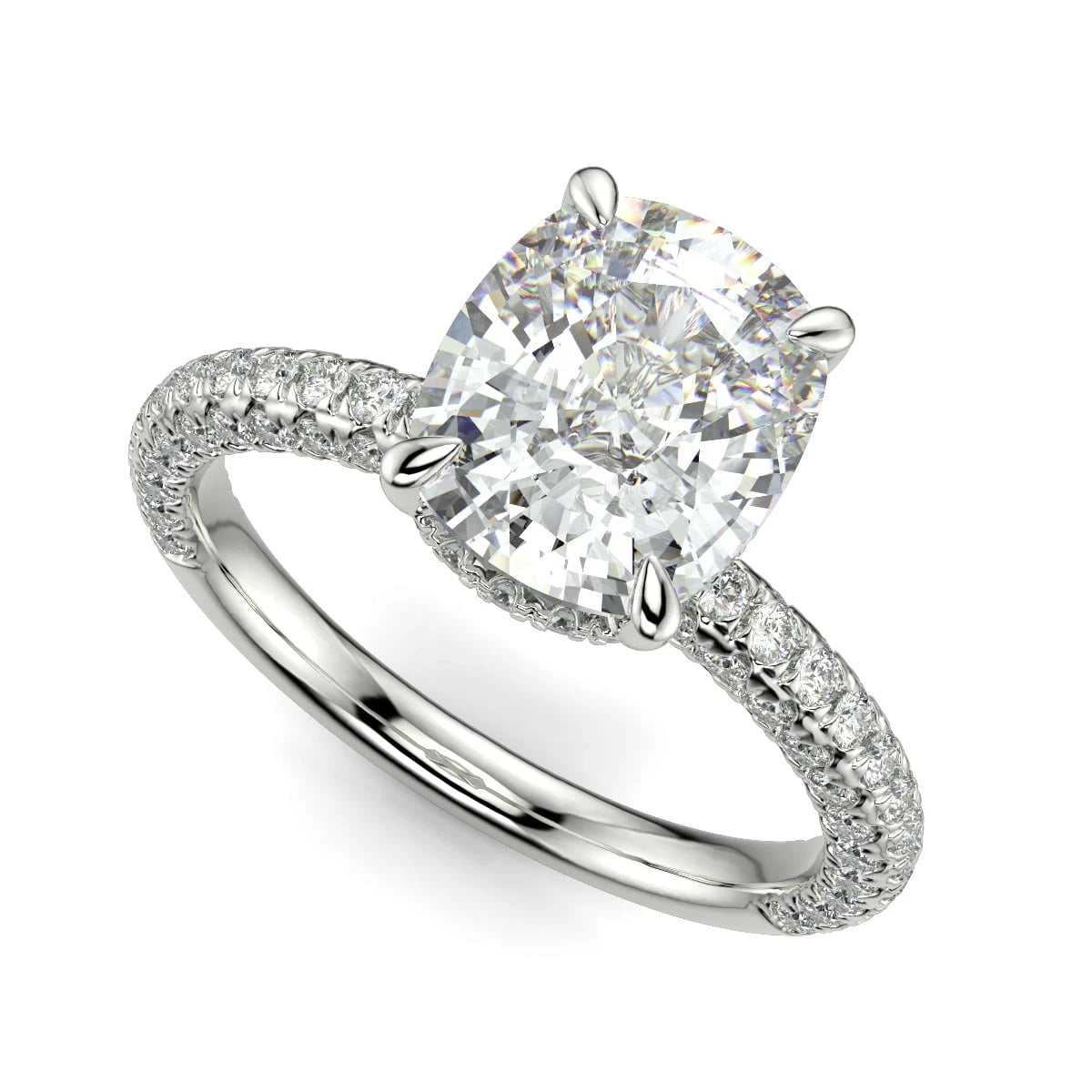 Elongated Cushion Cut Lab Grown Diamond Engagement Ring, Hidden Halo Triple Row Pave Ring, White Gold Anniversary Gift for Women
