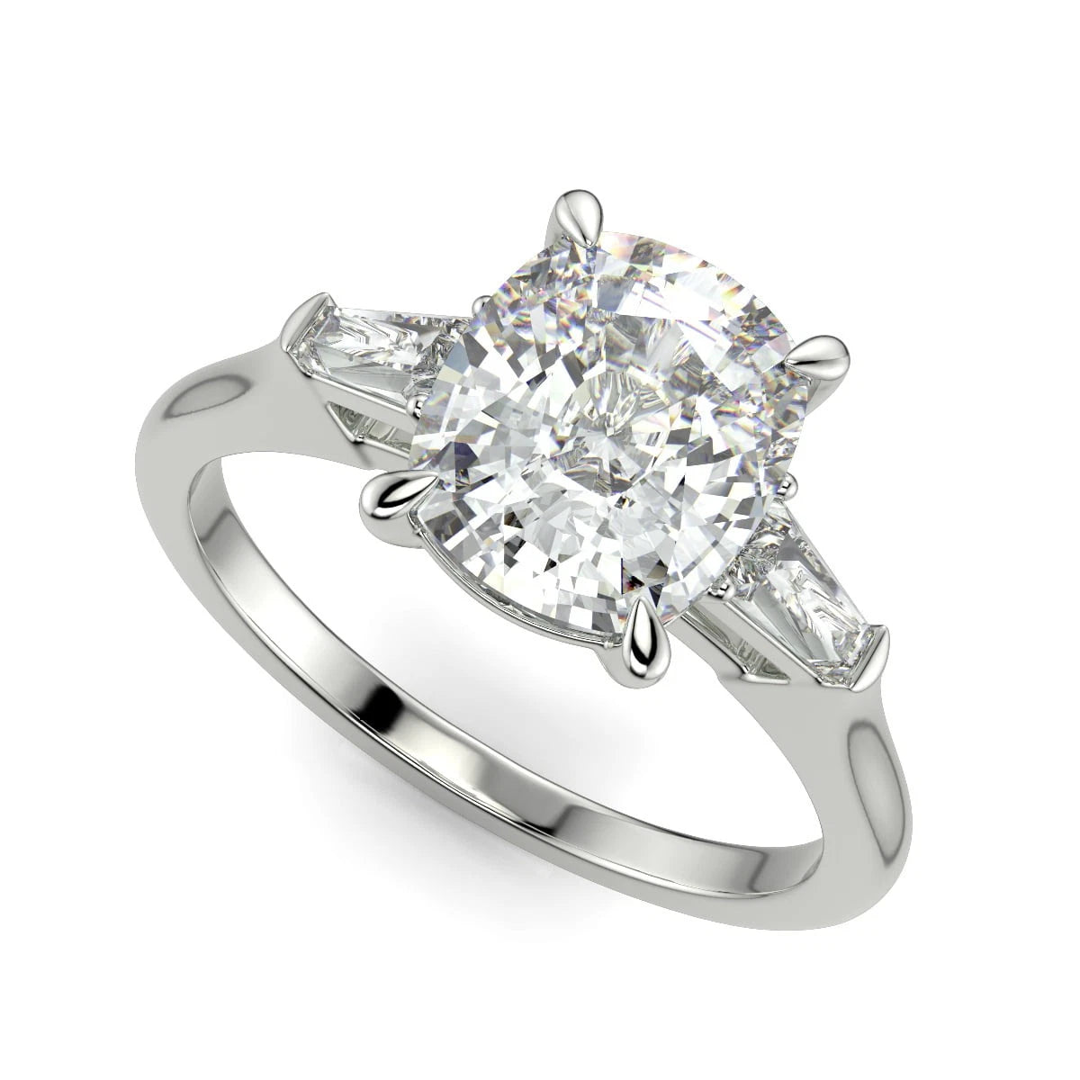 Cushion Cut Lab Grown Engagement Ring, Tapered Baguette Three Stone Ring, White Gold Lab Diamond Wedding Ring, Classic Promise Ring Her
