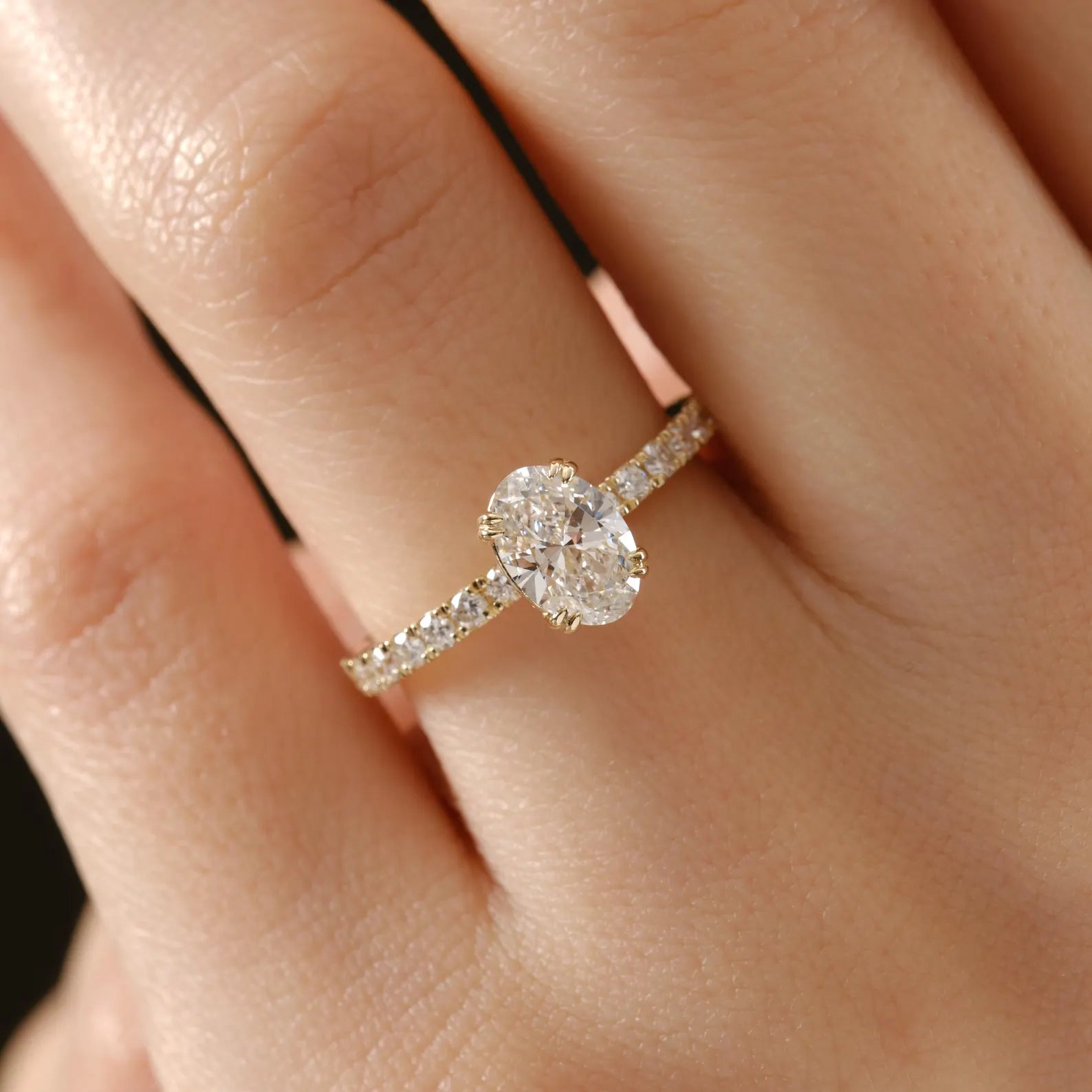 Oval Cut Pavé Engagement Ring, Oval Solitaire Diamond Ring, Four Prong Proposal Ring, Dainty Bridal Ring, Minimalist Wedding Jewelry