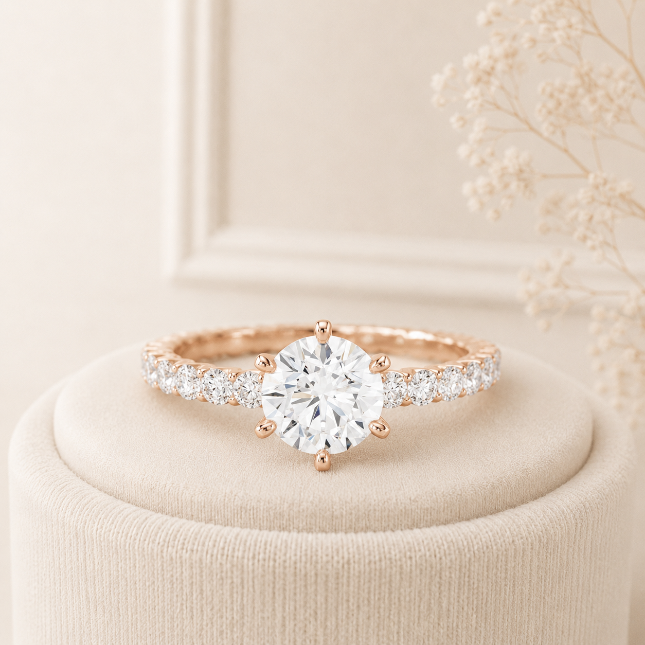 Round Cut Lab Grown Diamond Engagement Ring, Pavé Band Ring, Rose Gold Bridal Ring, 6 Prong Solitaire Ring, Wedding Gift