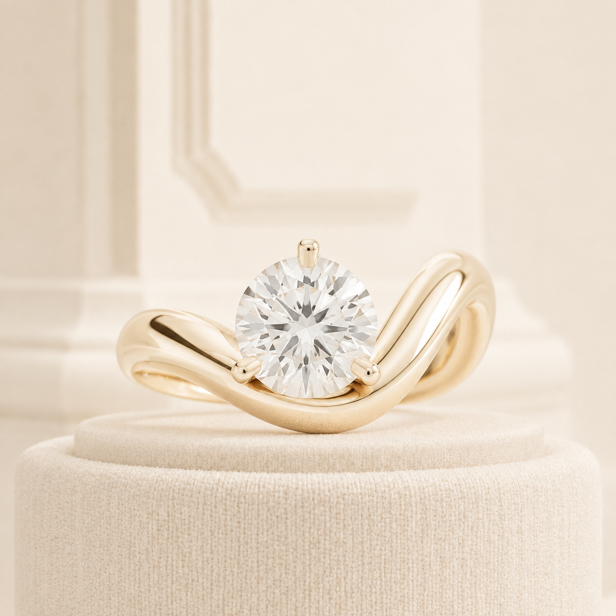 Round Cut Lab Grown Diamond Engagement Ring, Unique Gold Solitaire Ring, Curved Band Ring, Modern Bridal Ring, Statement Ring