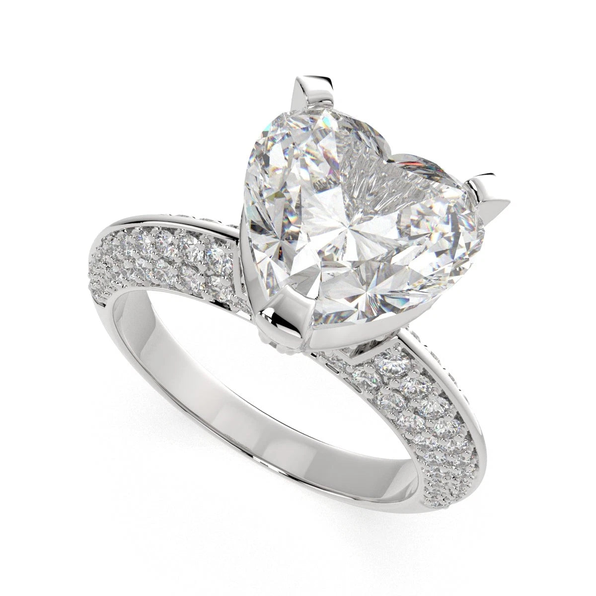 Heart Shaped Lab Grown Engagement Ring, 3 Row Pave Diamond Ring, Full Eternity Accent Wedding Band, Big Unique Promise Ring for Women