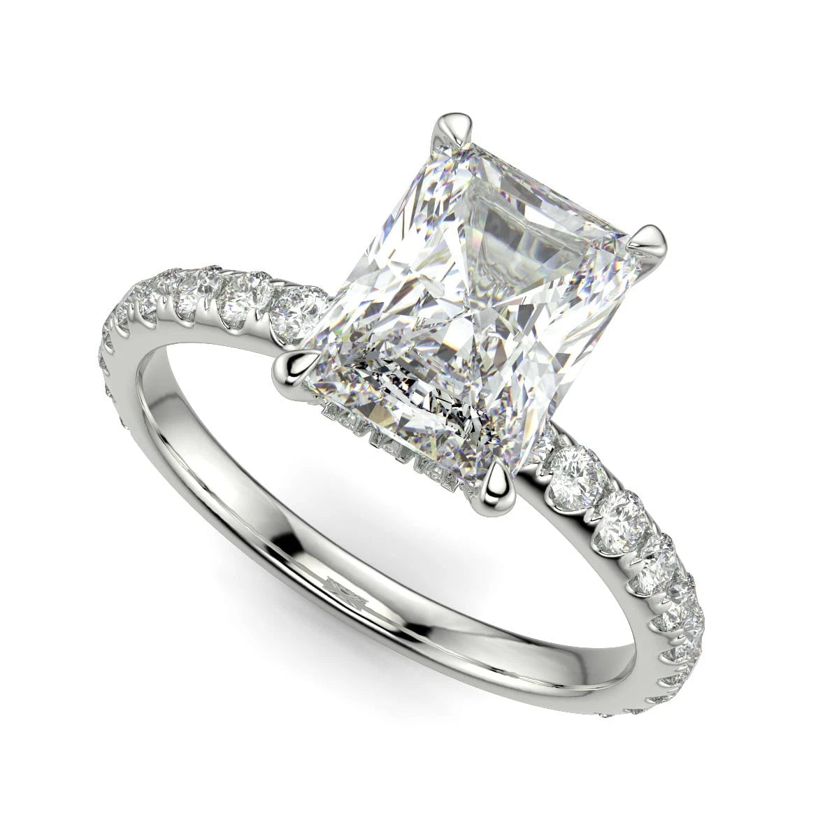 Radiant Cut Lab Grown Engagement Ring, Hidden Halo Diamond Ring, White Gold Pave Wedding Band, Classic 4 Prong Promise Ring for Her