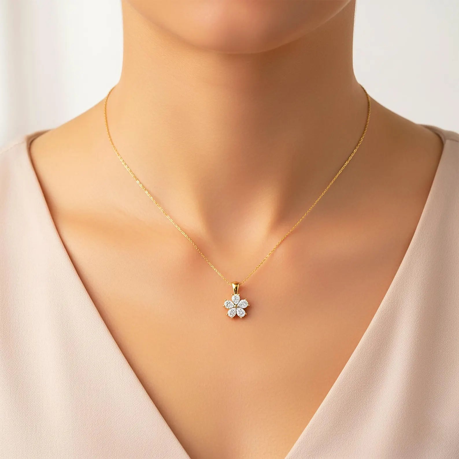 Diamond Flower Pendant Yellow Gold Necklace Lab Grown Pear Diamond Charm Necklace Dainty Floral Minimalist Pendant