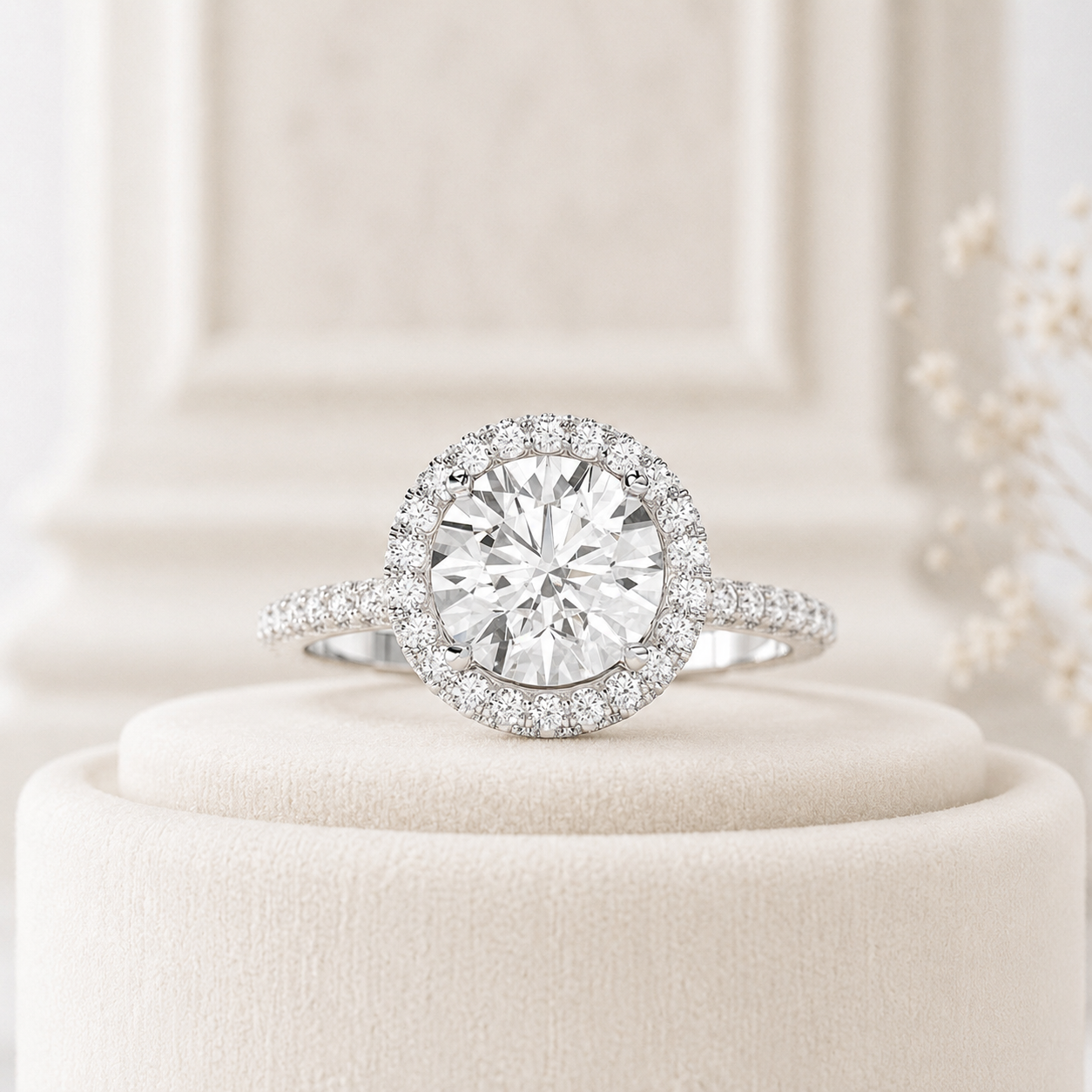 Round Halo Diamond Engagement Ring, Round Brilliant Cut Ring, Halo Wedding Ring, Diamond Pave Band, Classic Solitaire Style Ring