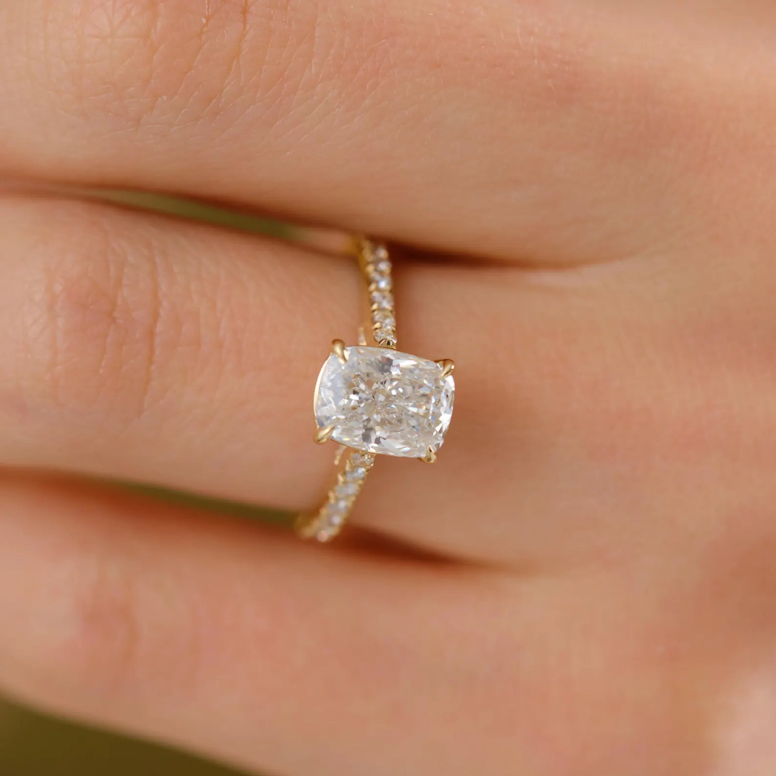 Radiant Cut Diamond Engagement Ring, Hidden Halo Ring, Pave Band Ring, Cushion Style Solitaire Ring, Minimalist Proposal Ring
