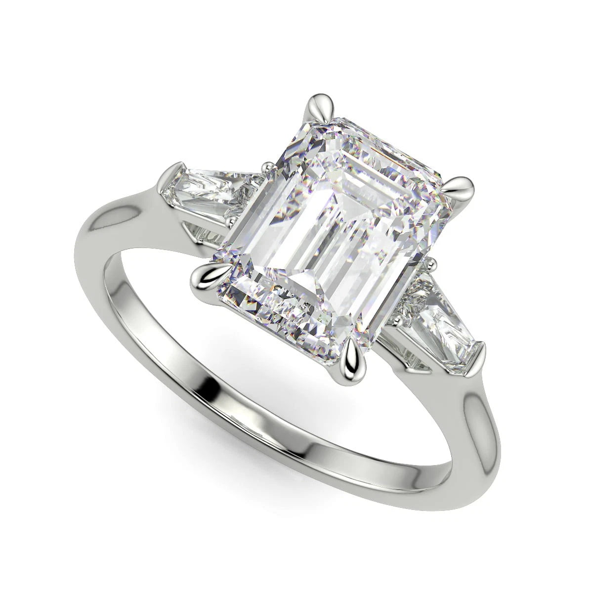 Emerald Cut Lab Grown Diamond Engagement Ring, Tapered Baguette Three Stone Ring for Women, Art Deco Anniversary Ring, Solid White Gold