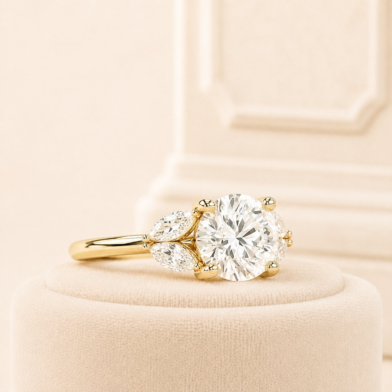 Round Diamond Engagement Ring, Marquise Side Stone Ring, Lab Grown Diamond Engagement Ring, Yellow Gold Floral Ring, Unique Cluster Ring