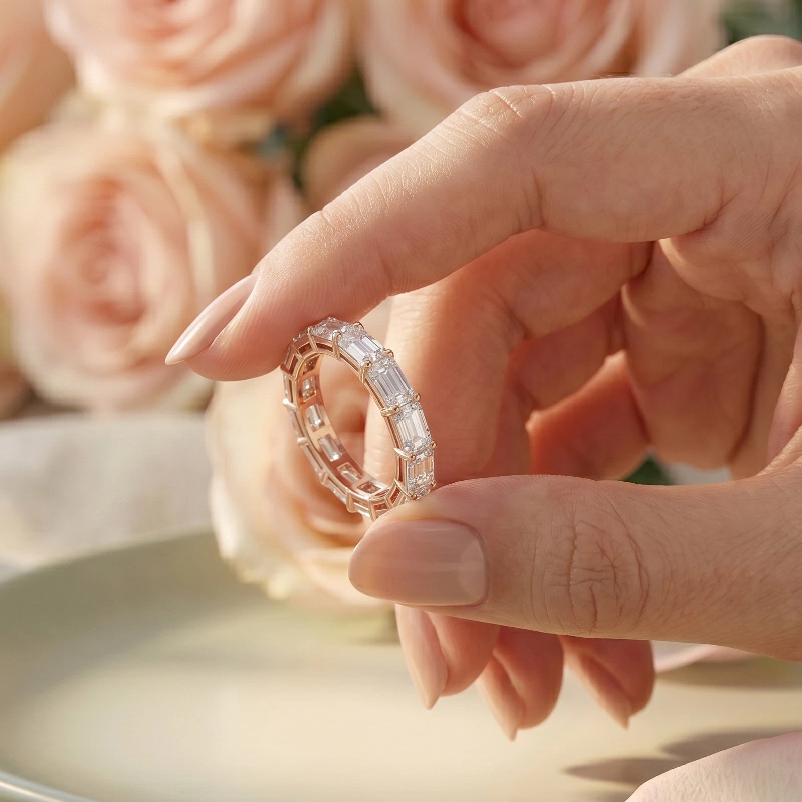 Emerald Cut Lab Diamond Eternity Band, Rose Gold Wedding Band, Full Eternity Ring, Baguette Diamond Anniversary Ring