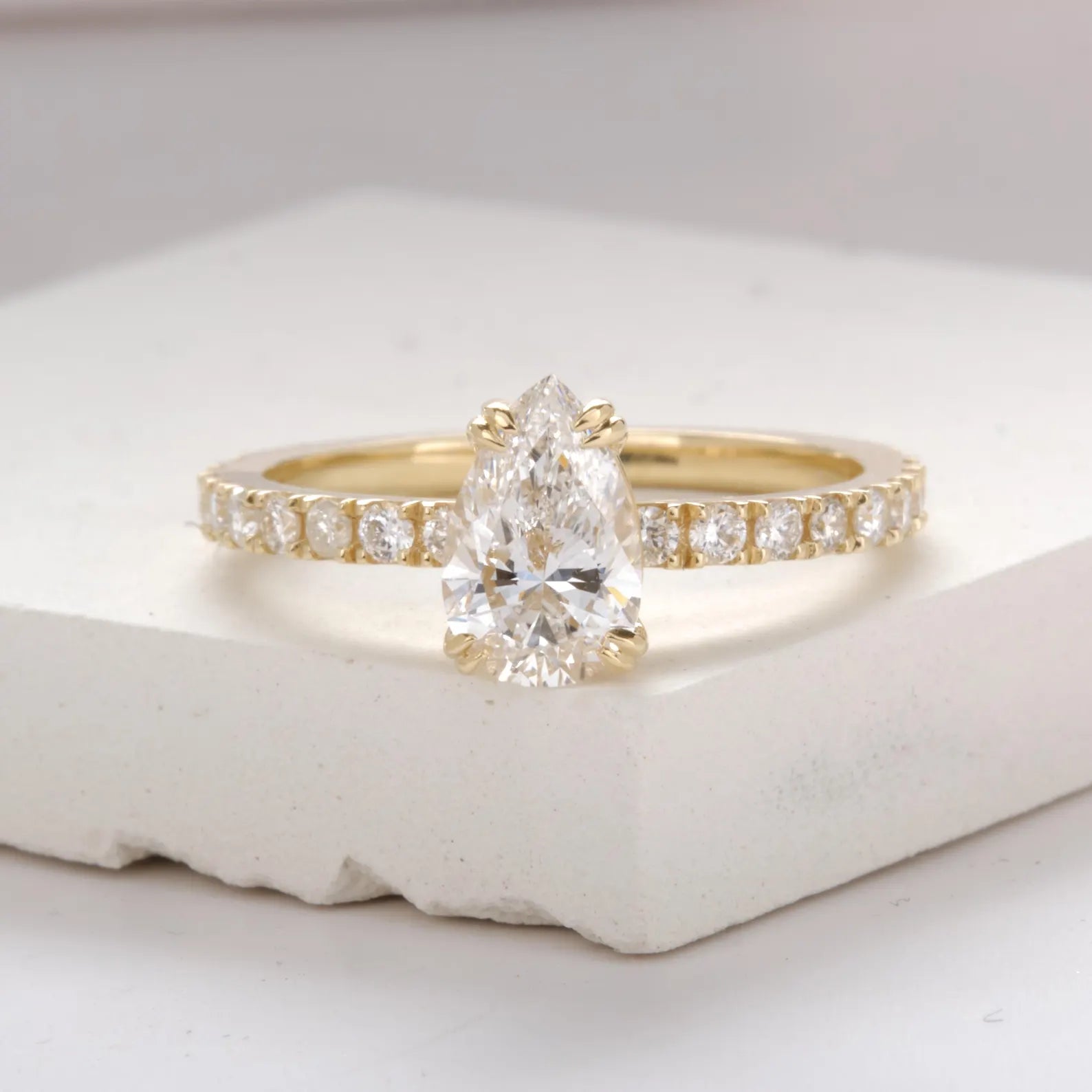 Pear Cut Lab Grown Diamond Engagement Ring, Yellow Gold Solitaire Ring with Pave Band, IGI Certified Bridal Ring, Teardrop Engagement Ring