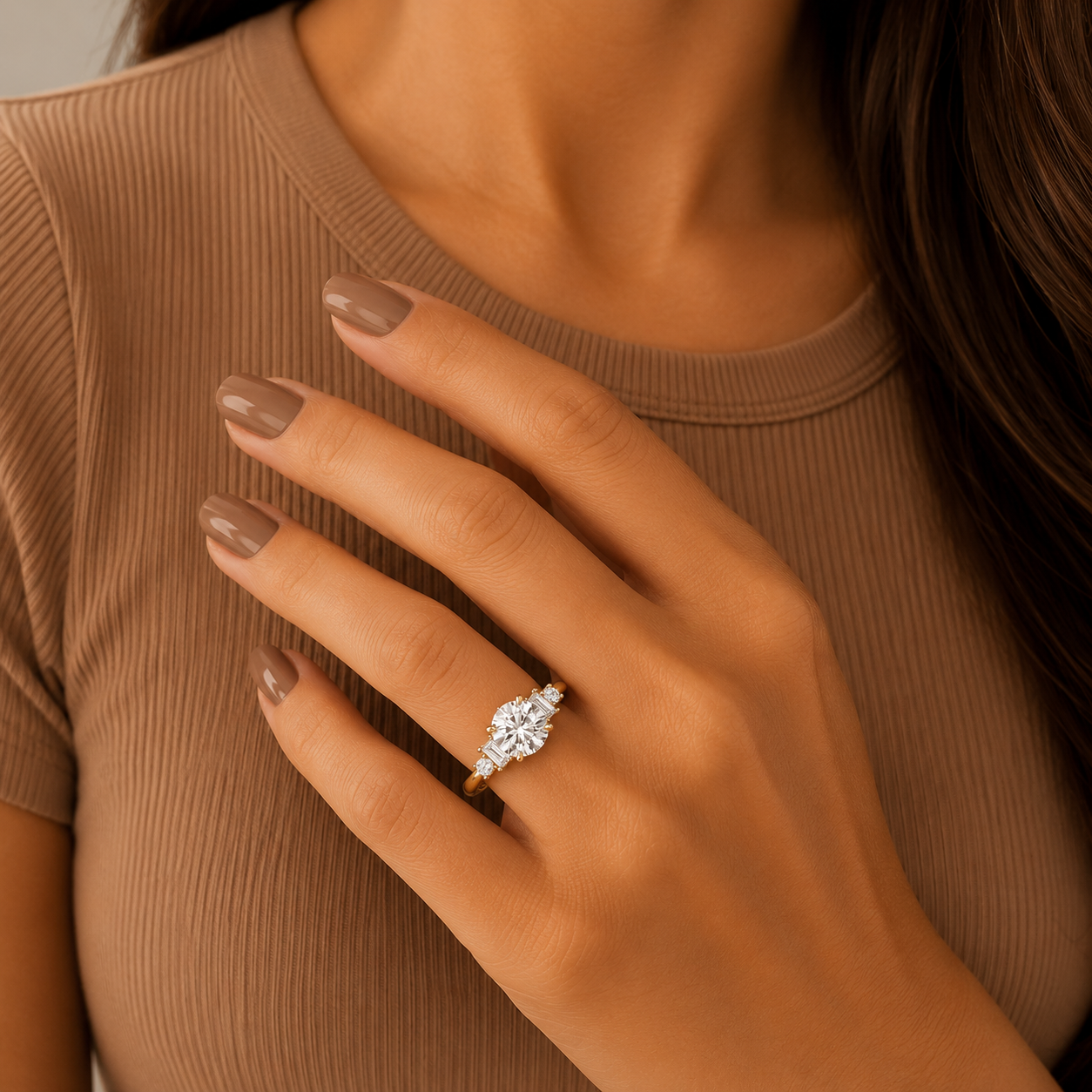 Round Lab Grown Diamond Engagement Ring, Baguette Side Stones, Gold Ring, Three Stone Bridal Ring, Anniversary Gift for Her