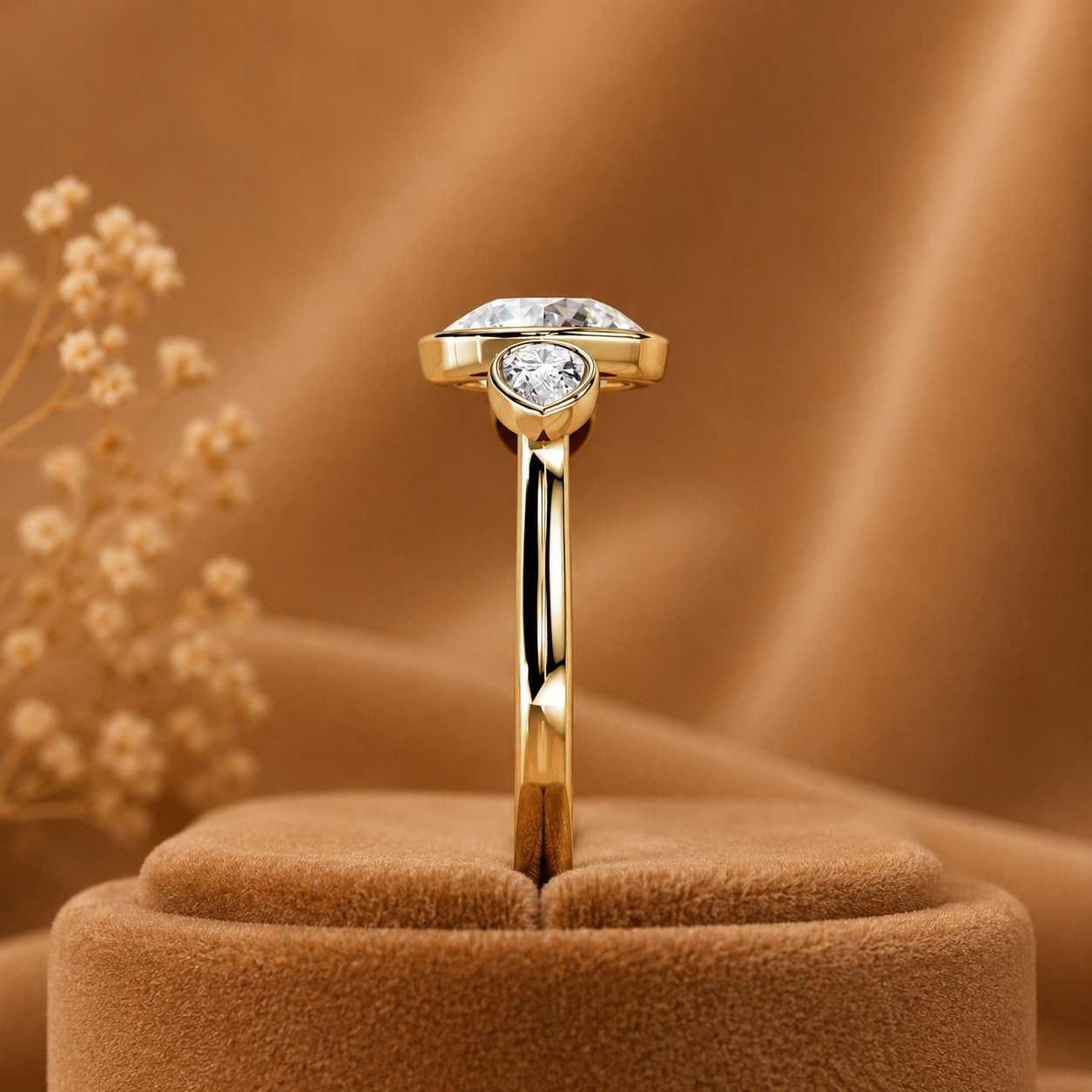 Round Brilliant Diamond Ring, Pear Side Stone Engagement Ring, 3 Stone Gold Ring, Bezel Set Wedding Ring, Minimalist Anniversary Ring