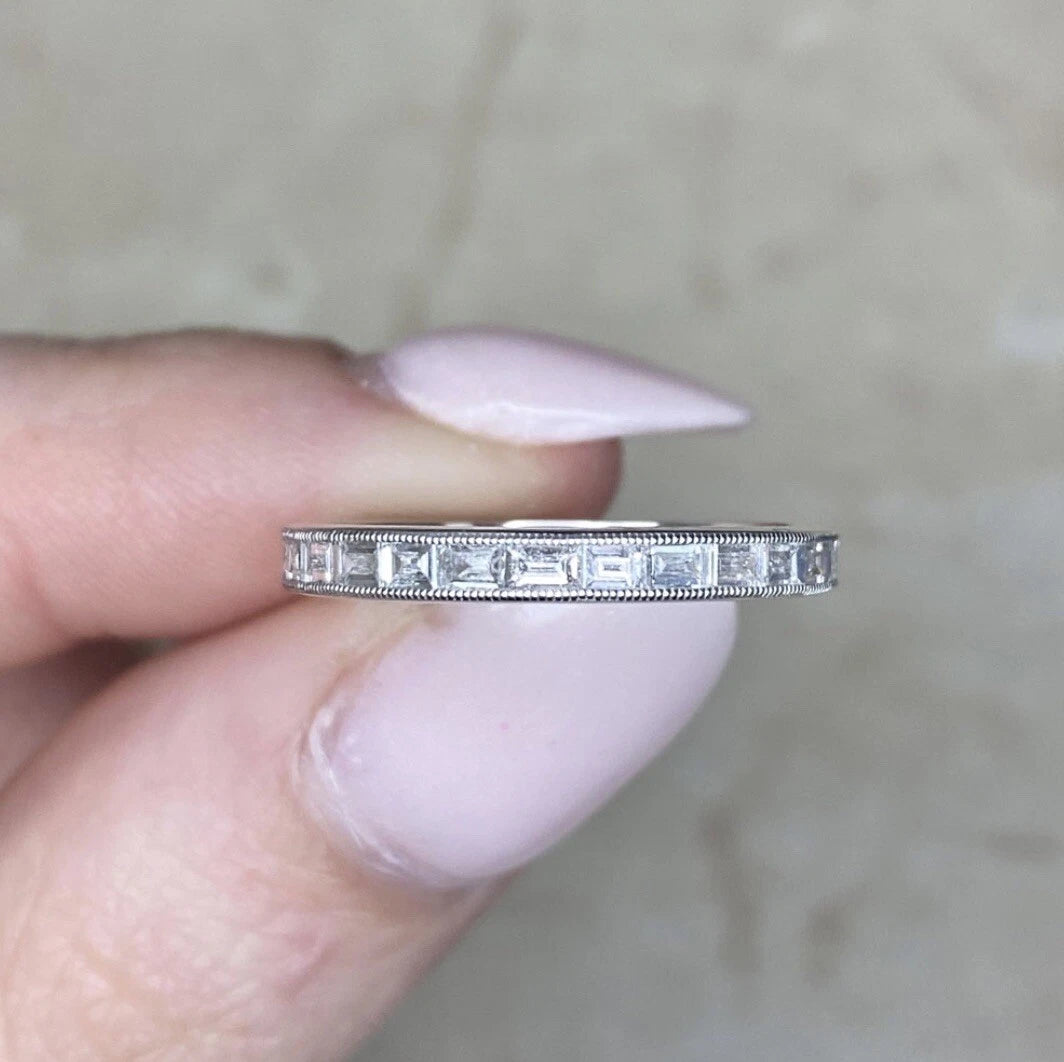 Baguette Cut Lab Diamond Eternity Band Ring, Milgrain Wedding Band, Stackable Diamond Ring, Minimalist Anniversary Ring