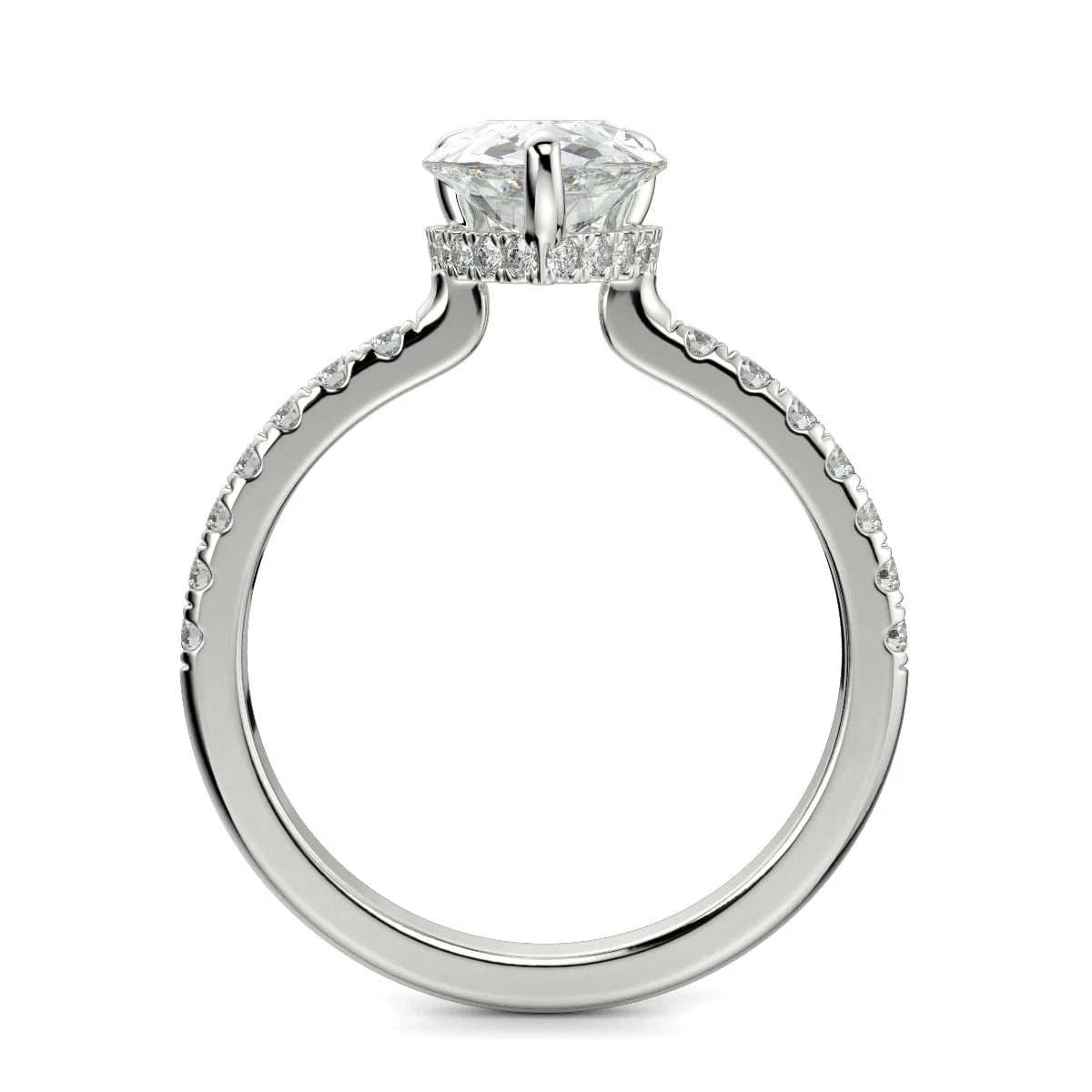 Pear Cut Lab Grown Diamond Engagement Ring, Hidden Halo Teardrop Diamond Ring, Pave Band Wedding Ring, White Gold Promise Ring