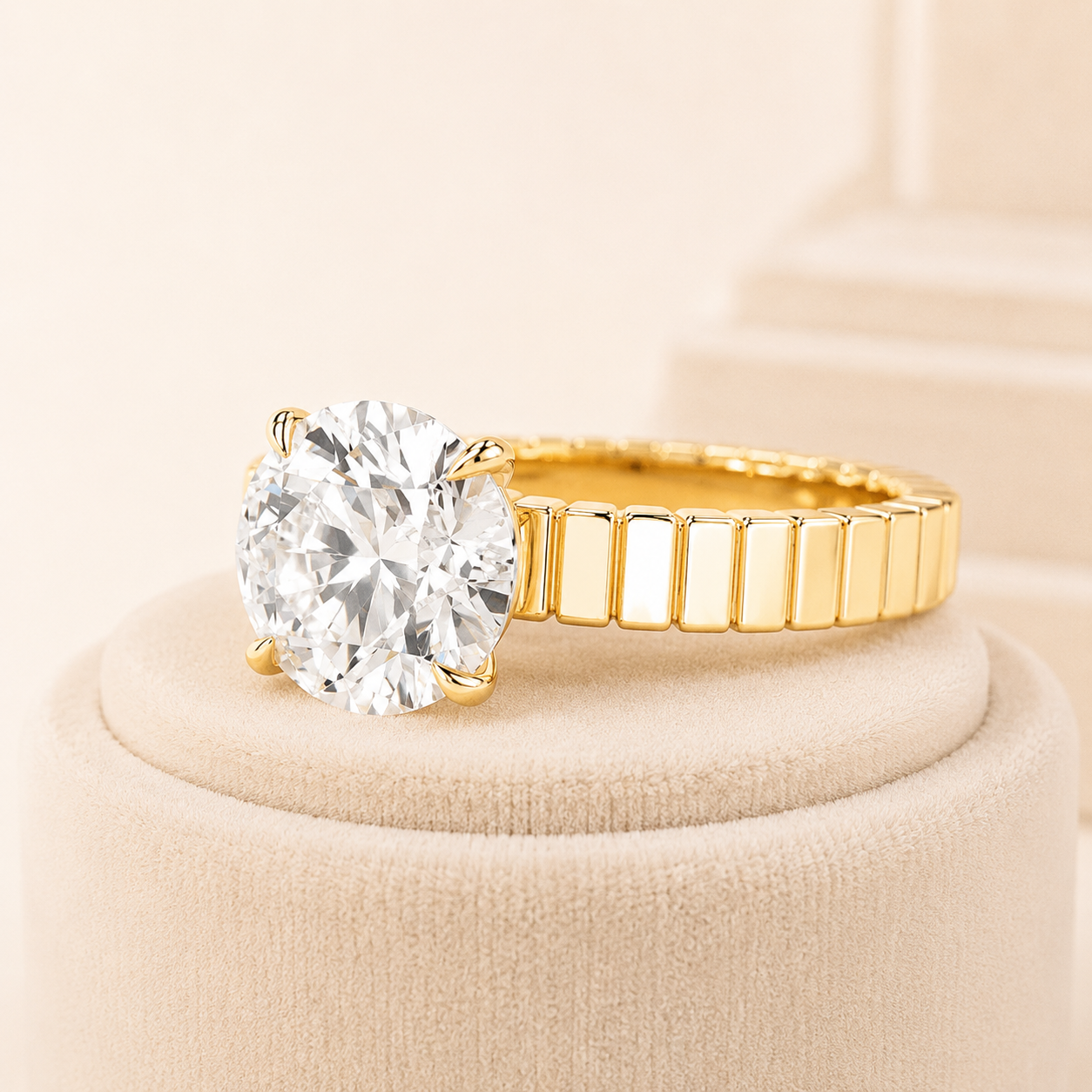 Round Diamond Engagement Ring, Wide Band Solitaire Ring, Lab Grown Diamond Ring, Yellow Gold Engagement Ring, Modern Geometric Ring