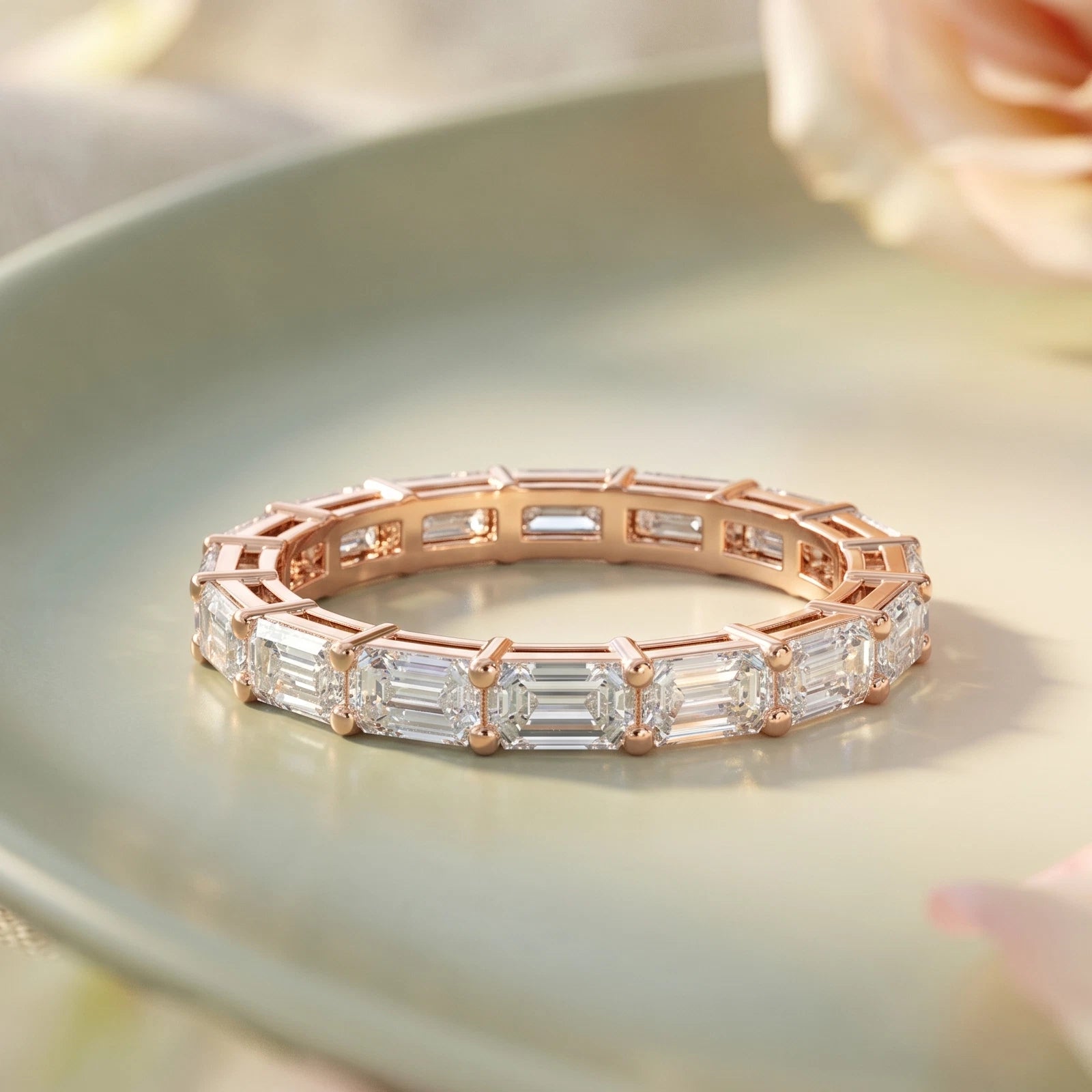 Emerald Cut Lab Diamond Eternity Band, Rose Gold Wedding Band, Full Eternity Ring, Baguette Diamond Anniversary Ring