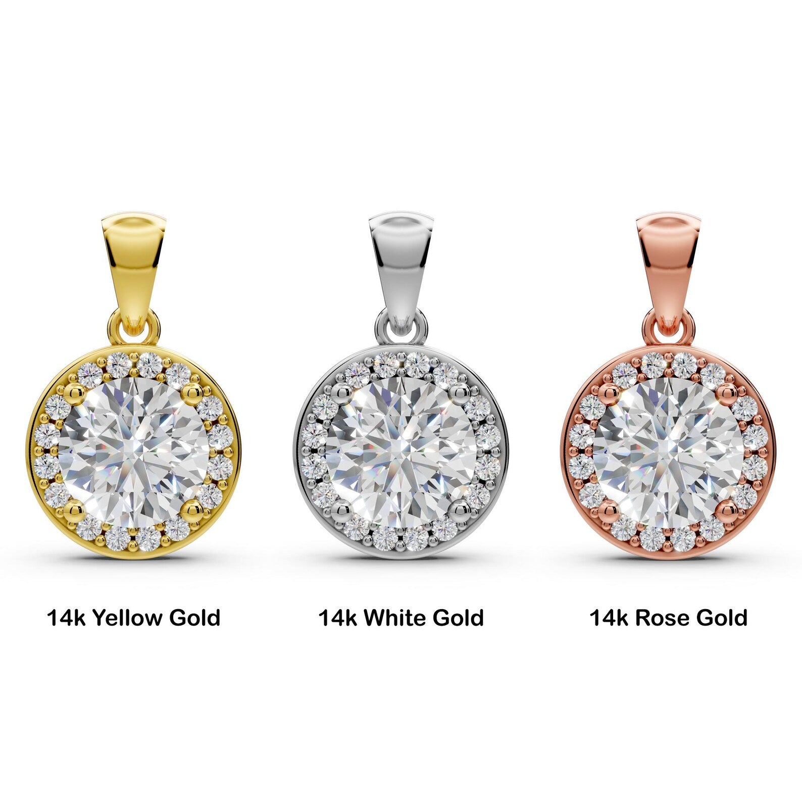 1 CT Round Lab Grown Diamond Halo Pendant, Yellow Gold Diamond Necklace, Solitaire Halo Pendant, Anniversary Gift for Her
