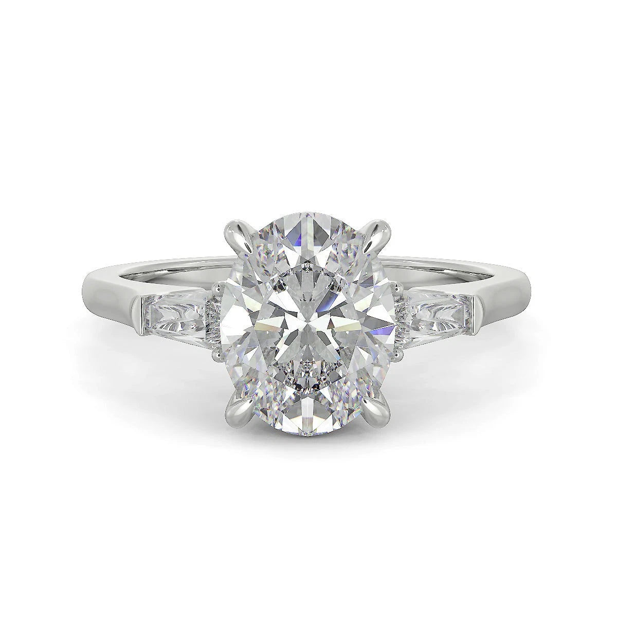 Oval Lab Grown Diamond Engagement Ring, 3 Stone Oval Cut Ring with Tapered Baguette Side Stones, White Gold Diamond Ring, Anniversary Gift