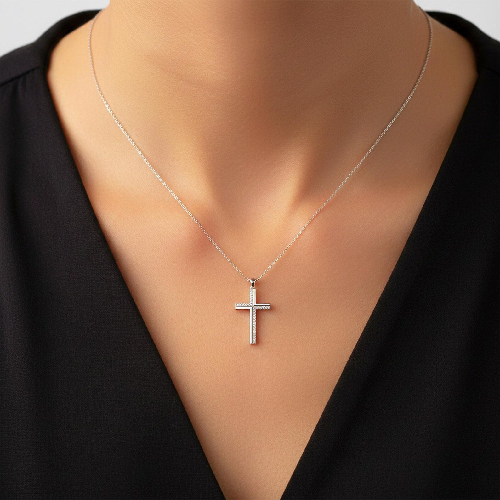 Diamond Cross Pendant White Gold Cross Necklace Lab Grown Diamond