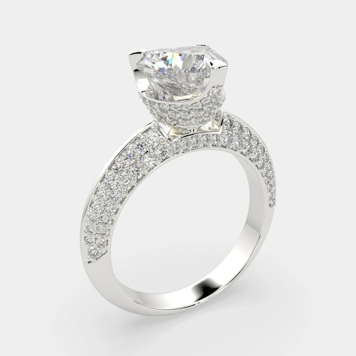Heart Shaped Lab Grown Engagement Ring, 3 Row Pave Diamond Ring, Full Eternity Accent Wedding Band, Big Unique Promise Ring for Women
