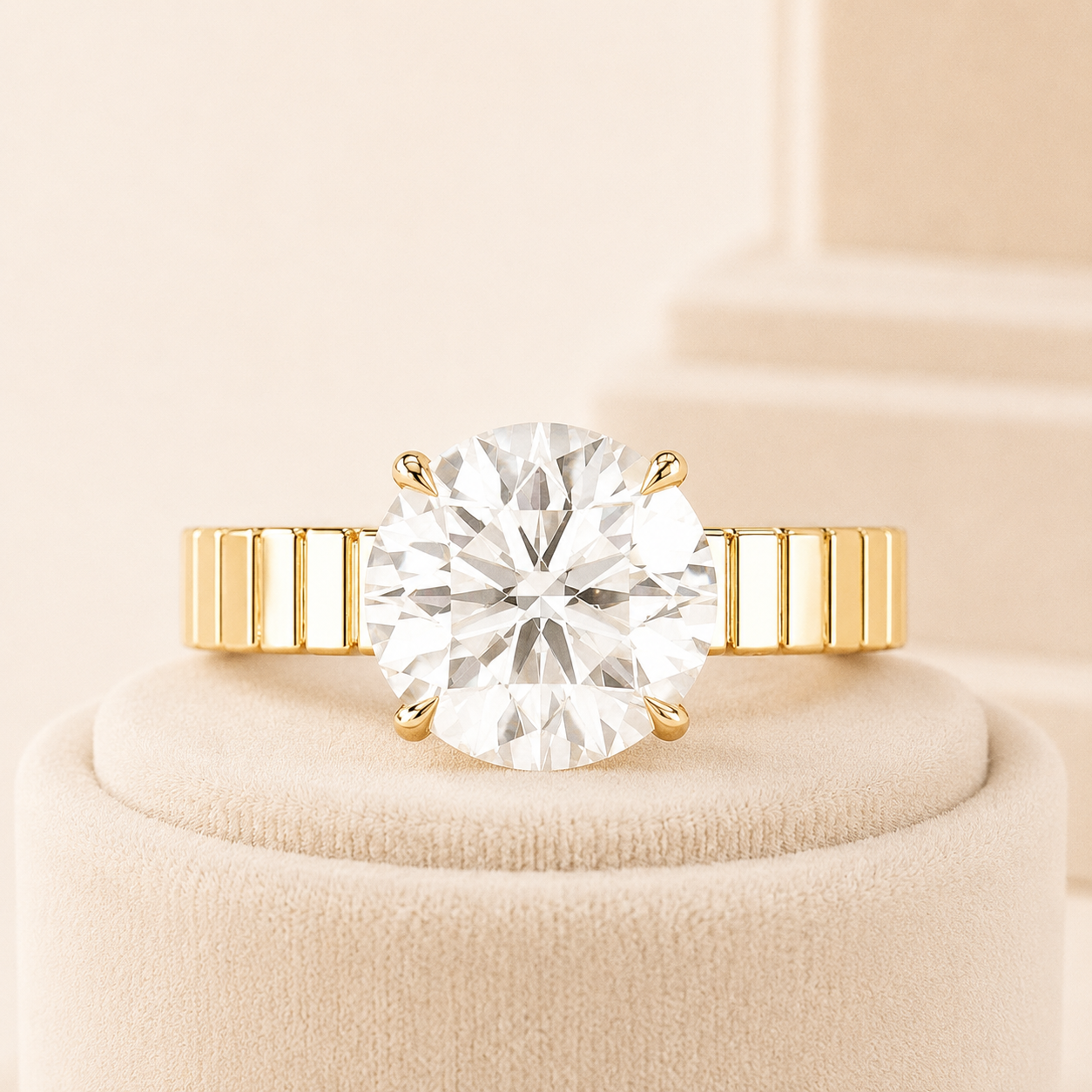 Round Diamond Engagement Ring, Wide Band Solitaire Ring, Lab Grown Diamond Ring, Yellow Gold Engagement Ring, Modern Geometric Ring