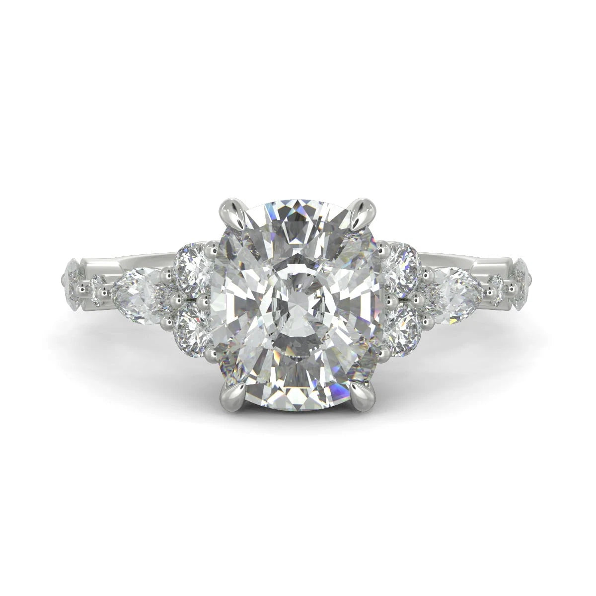 Cushion Cut Lab Grown Diamond Ring, Vintage Cluster Engagement Ring, White Gold Oval Cushion Ring, Unique Multi Stone Wedding Band Her