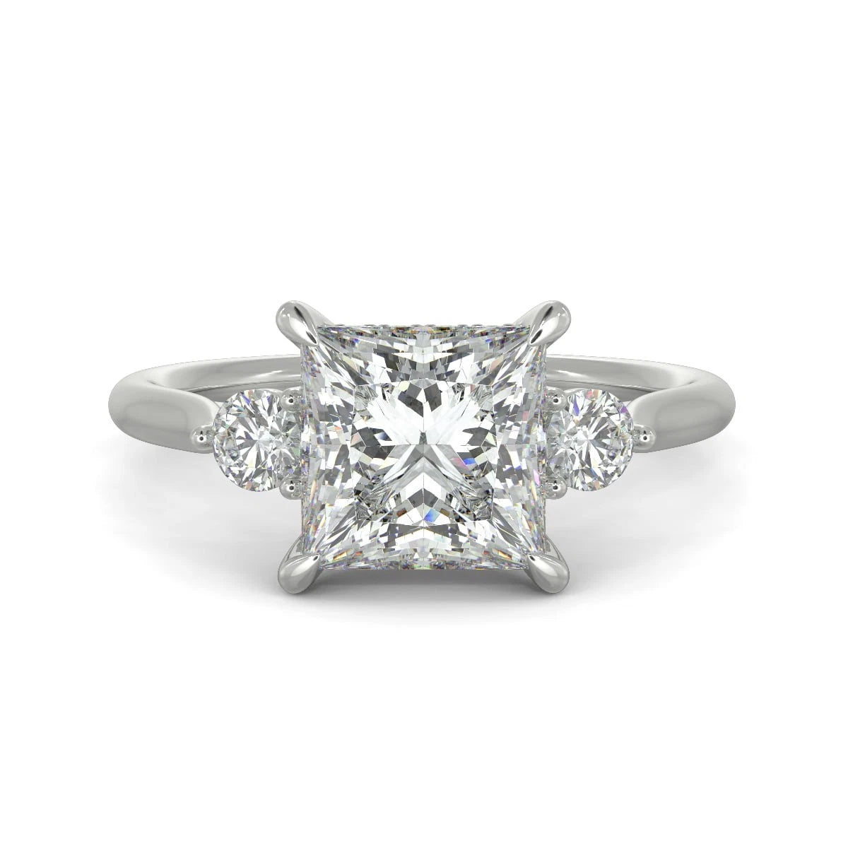 Princess Cut Lab Grown Diamond Engagement Ring, 3 Stone Hidden Halo Square Diamond Ring, Round Side Stone Wedding Ring, White Gold Gift