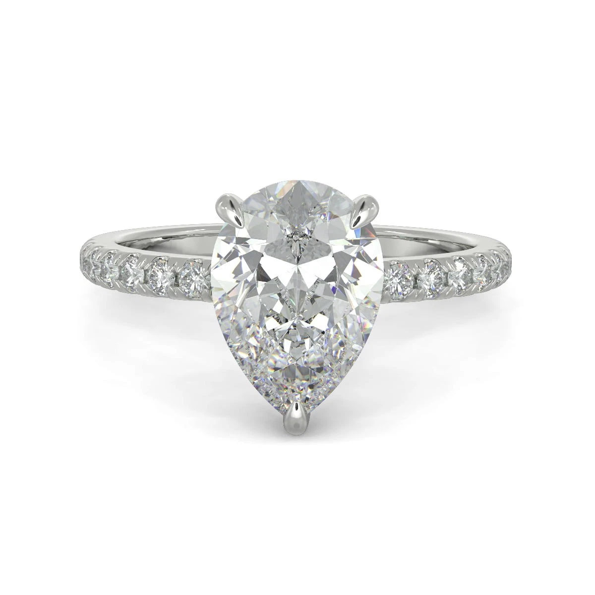 Pear Cut Lab Grown Diamond Engagement Ring, Hidden Halo Teardrop Diamond Ring, Pave Band Wedding Ring, White Gold Promise Ring