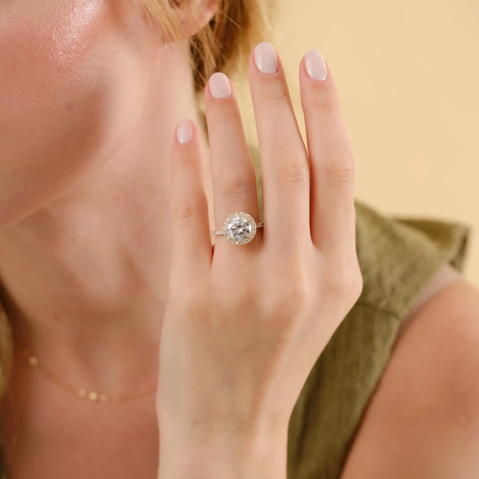 Round Halo Lab Grown Diamond Engagement Ring, Yellow Gold Halo Solitaire Ring, IGI Certified Diamond Ring, Pave Band, Halo Diamond Ring