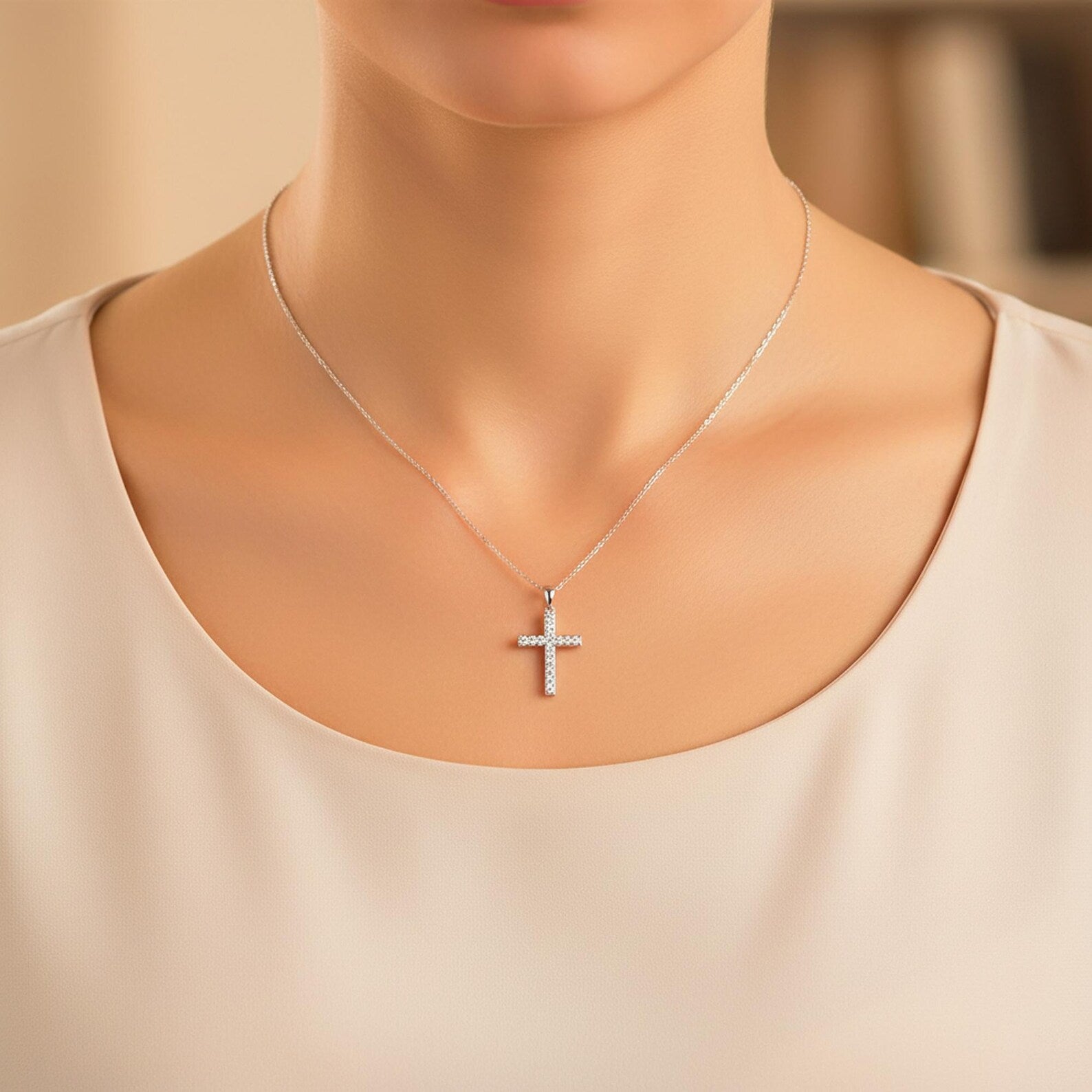 Solid Gold Diamond Cross Necklace Lab Grown Diamond Christian Pendant Religious Jewelry Baptism Necklace