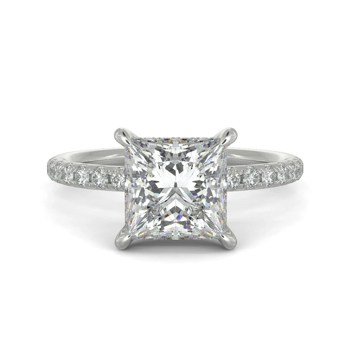 Princess Cut Lab Grown Diamond Engagement Ring, Hidden Halo Square Diamond Ring, Pave Band Wedding Ring, White Gold Promise Ring