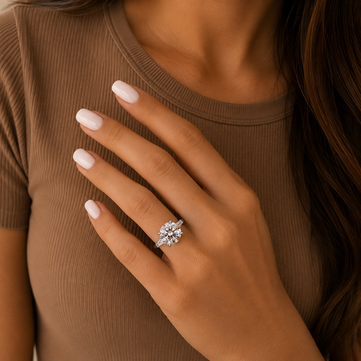 Round Brilliant Diamond Three Stone Engagement Ring, Tapered Side Diamond Ring, Lab Grown Diamond Ring, Proposal Ring, Bridal Ring