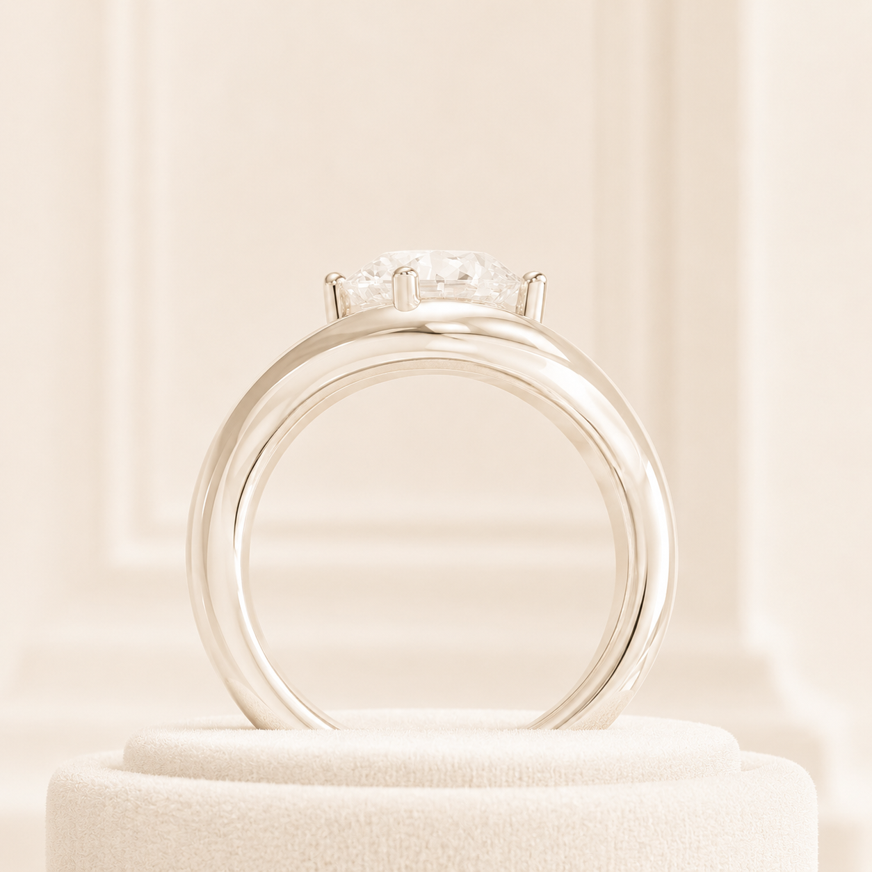 Round Cut Lab Grown Diamond Engagement Ring, Unique Gold Solitaire Ring, Curved Band Ring, Modern Bridal Ring, Statement Ring