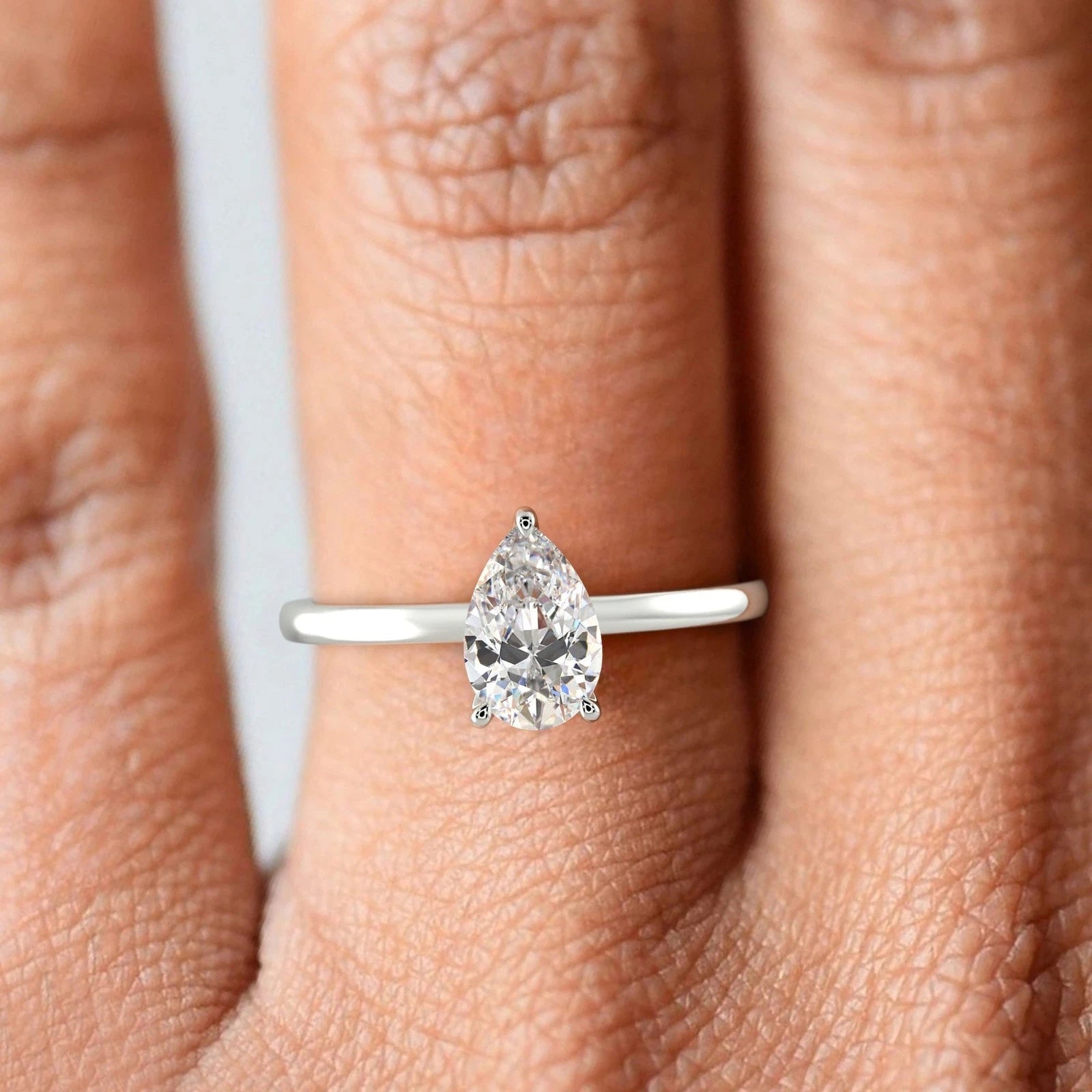 Pear Cut Lab Grown Diamond Engagement Ring, Hidden Halo Teardrop Diamond Solitaire Ring, White Gold Promise Ring, Simple Wedding Ring