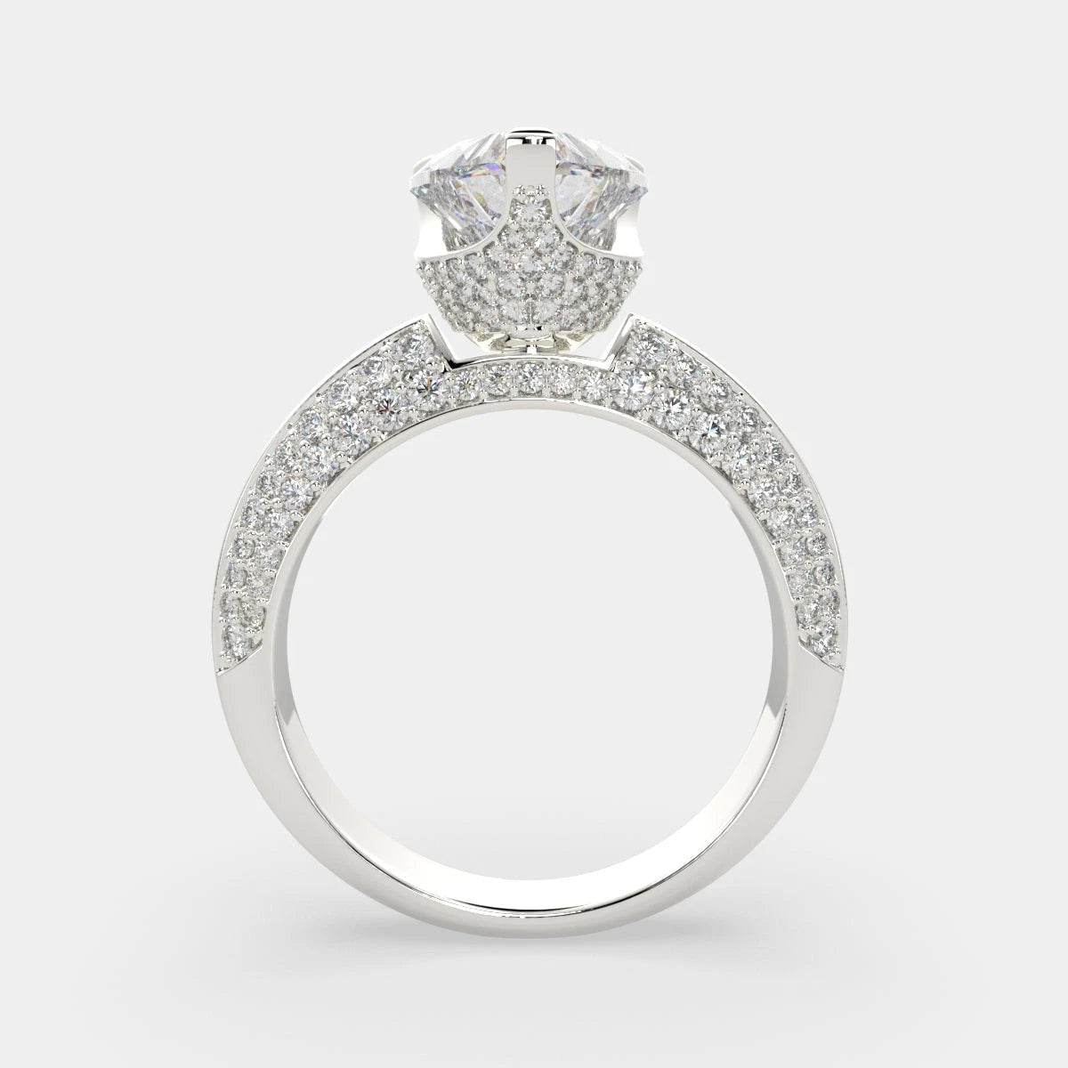 Heart Shaped Lab Grown Engagement Ring, 3 Row Pave Diamond Ring, Full Eternity Accent Wedding Band, Big Unique Promise Ring for Women