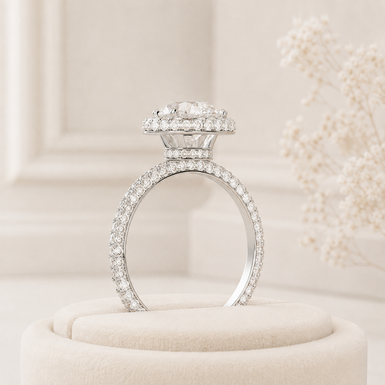Round Halo Diamond Engagement Ring, Round Brilliant Cut Ring, Halo Wedding Ring, Diamond Pave Band, Classic Solitaire Style Ring