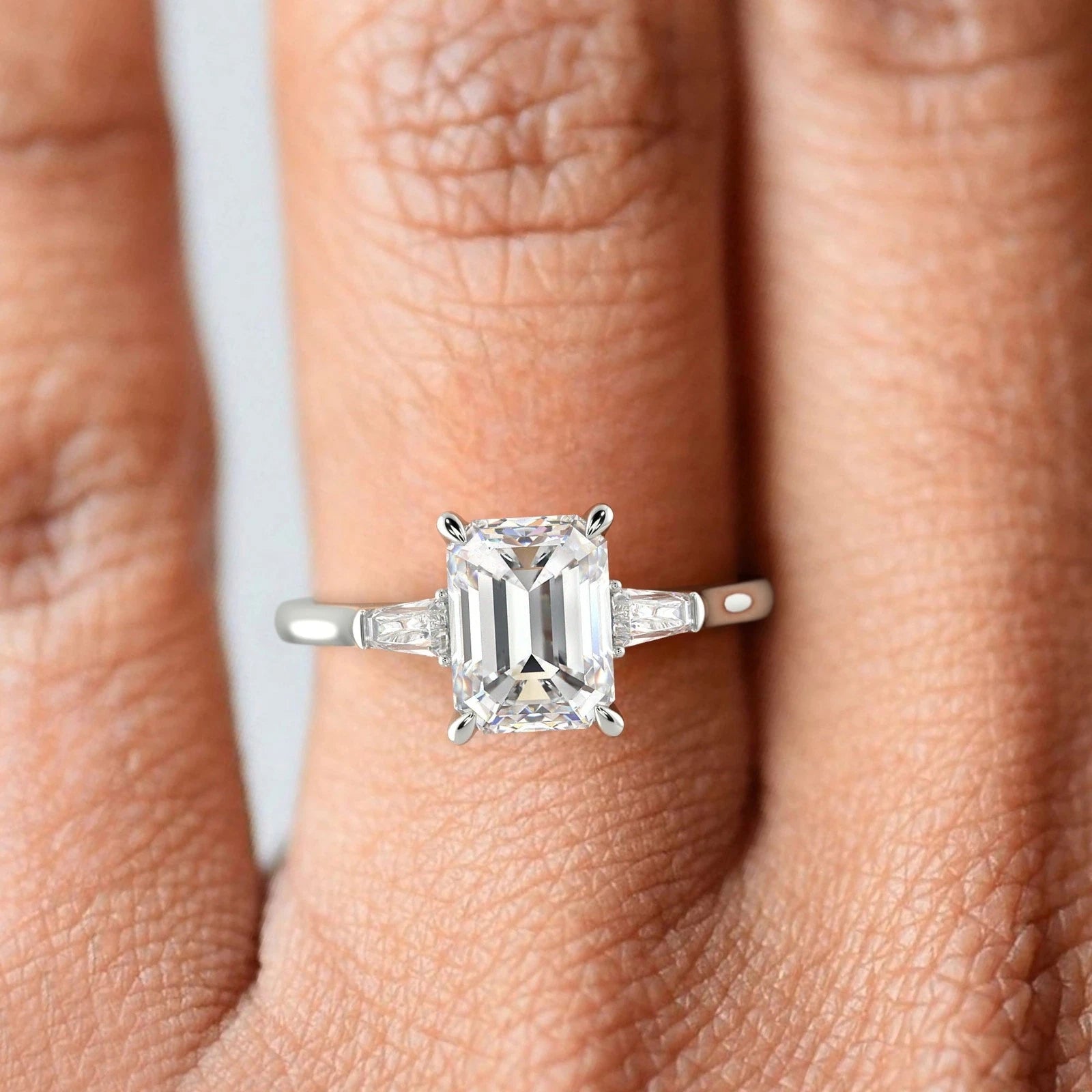 Emerald Cut Lab Grown Diamond Engagement Ring, Tapered Baguette Three Stone Ring for Women, Art Deco Anniversary Ring, Solid White Gold