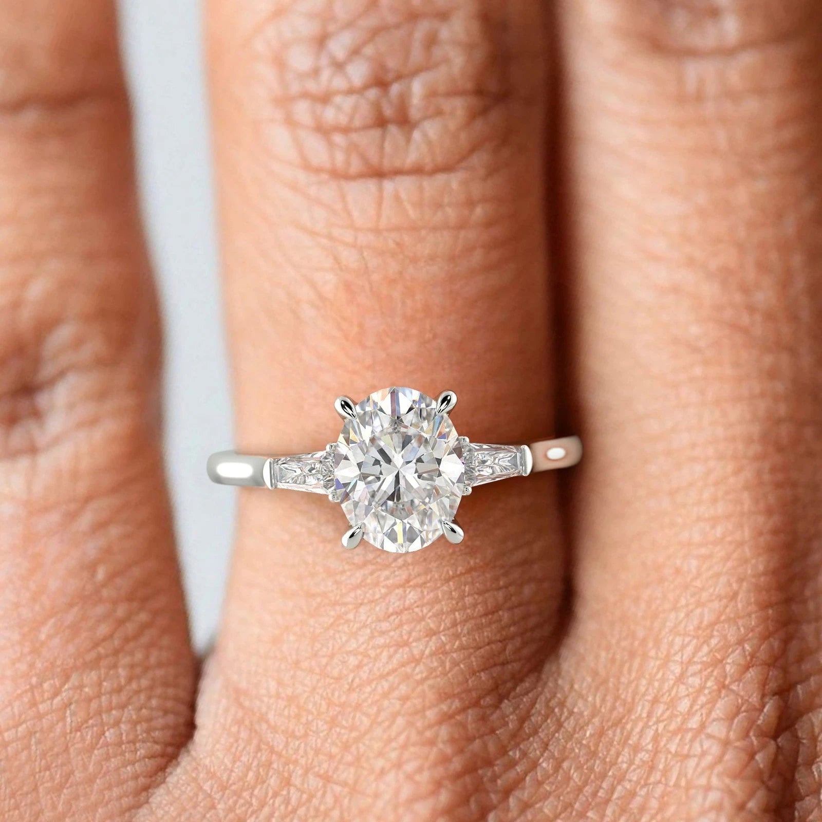 Oval Lab Grown Diamond Engagement Ring, 3 Stone Oval Cut Ring with Tapered Baguette Side Stones, White Gold Diamond Ring, Anniversary Gift