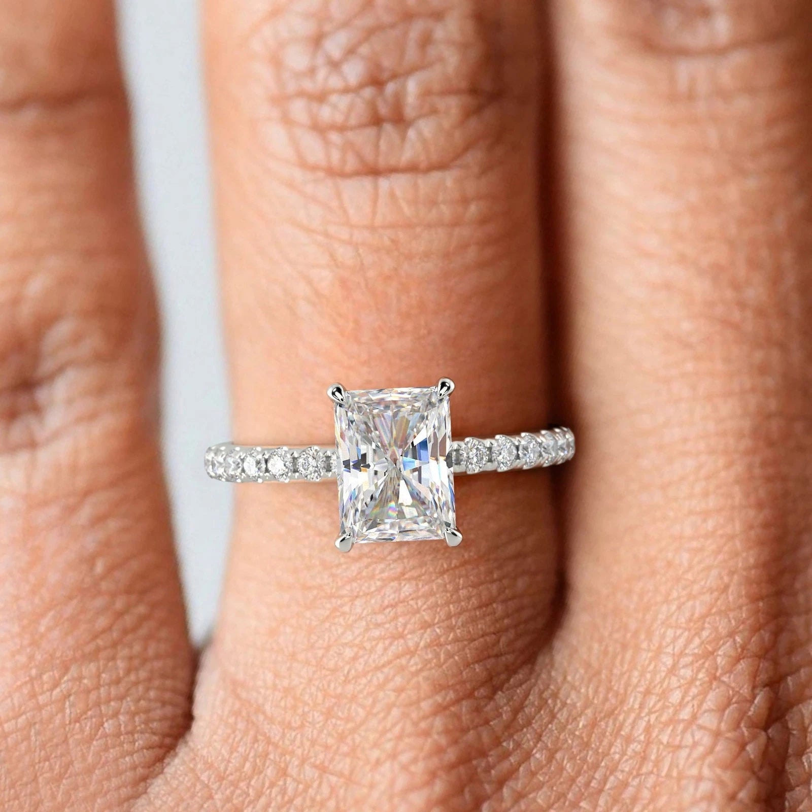 Radiant Cut Lab Grown Engagement Ring, Hidden Halo Diamond Ring, White Gold Pave Wedding Band, Classic 4 Prong Promise Ring for Her
