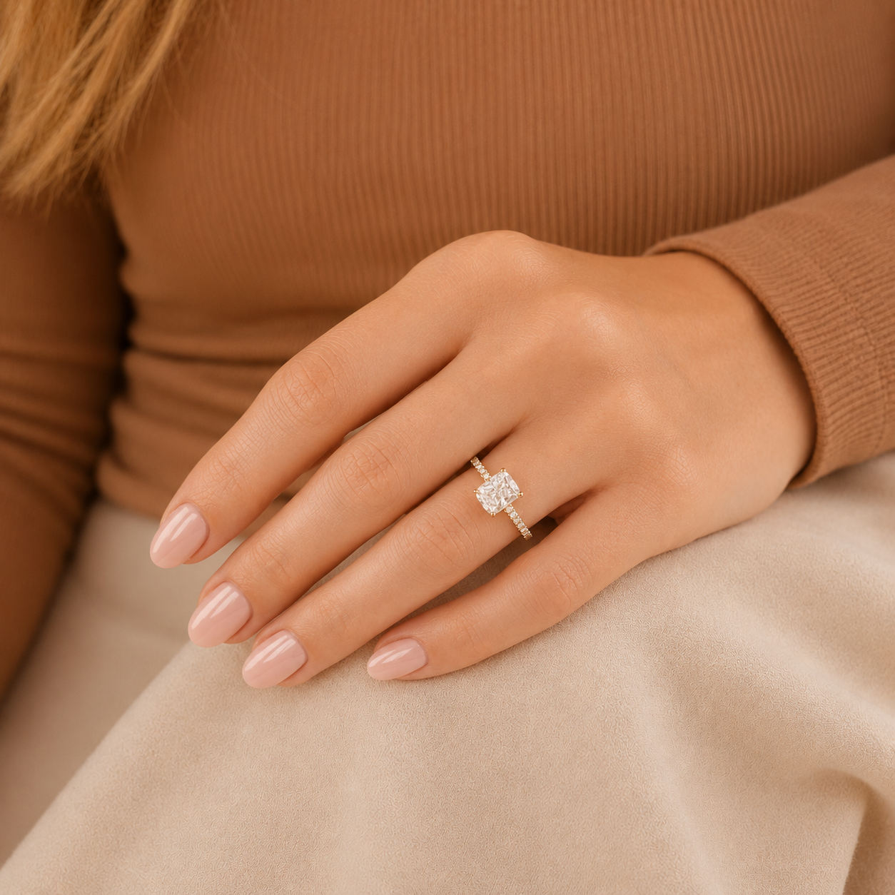 Radiant Cut Diamond Engagement Ring, Hidden Halo Ring, Pave Band Ring, Cushion Style Solitaire Ring, Minimalist Proposal Ring