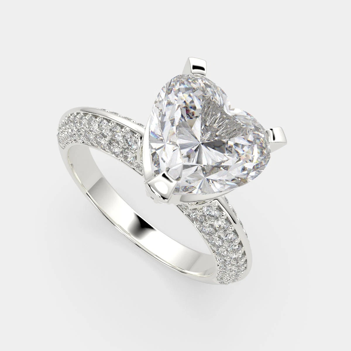 Heart Shaped Lab Grown Engagement Ring, 3 Row Pave Diamond Ring, Full Eternity Accent Wedding Band, Big Unique Promise Ring for Women