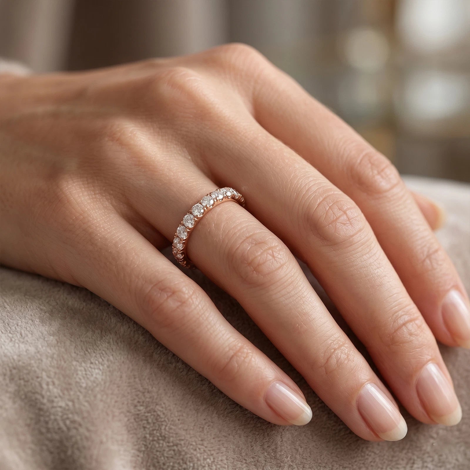 Round Cut Lab Diamond Half Eternity Band Ring, Stackable Wedding Band, Minimalist Diamond Ring, Anniversary Band, Wedding Ring, Gift for Her