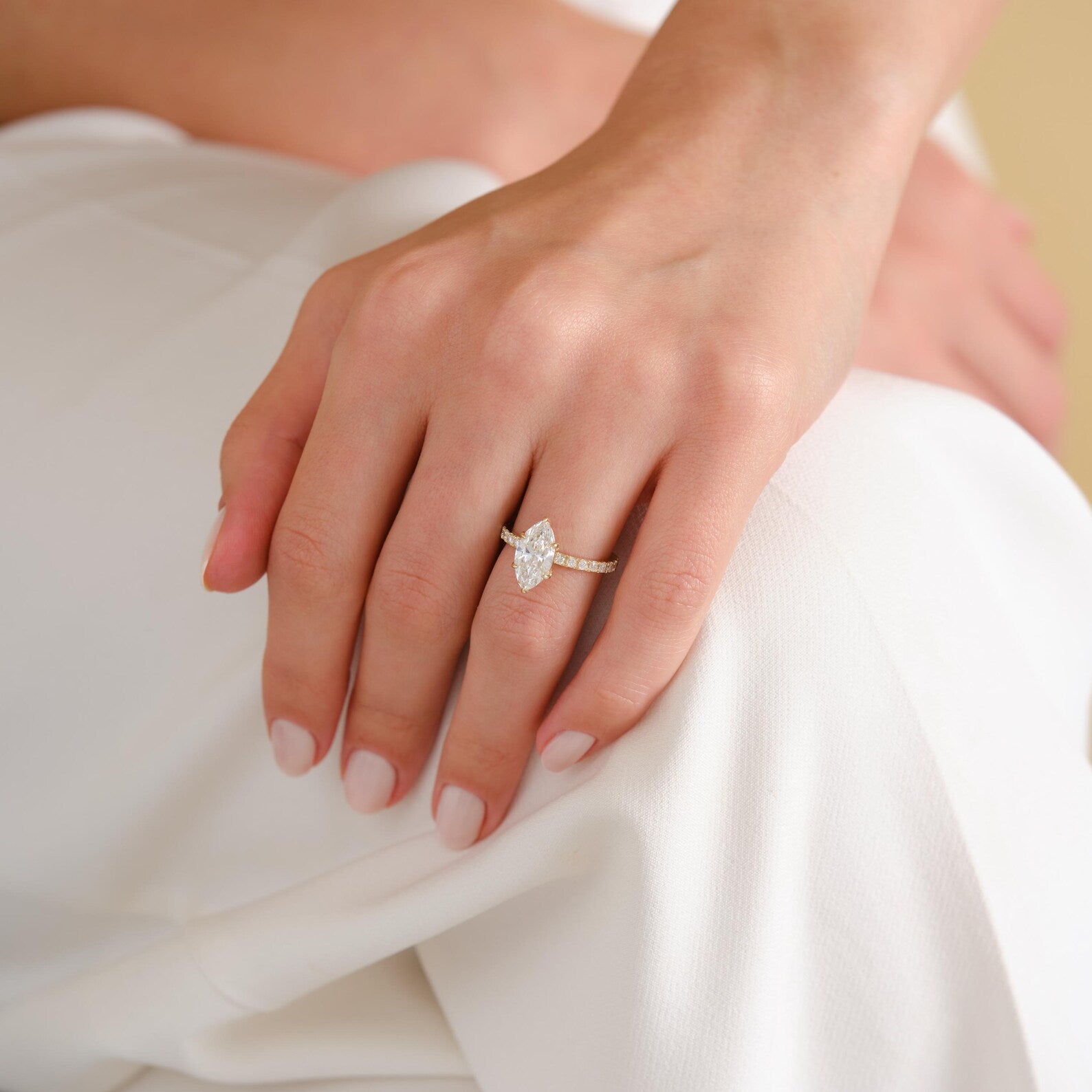 Marquise Cut Lab Grown Diamond Engagement Ring, Yellow Gold Solitaire Ring, Pave Band, Promise Ring, Lab Grown Diamond Ring