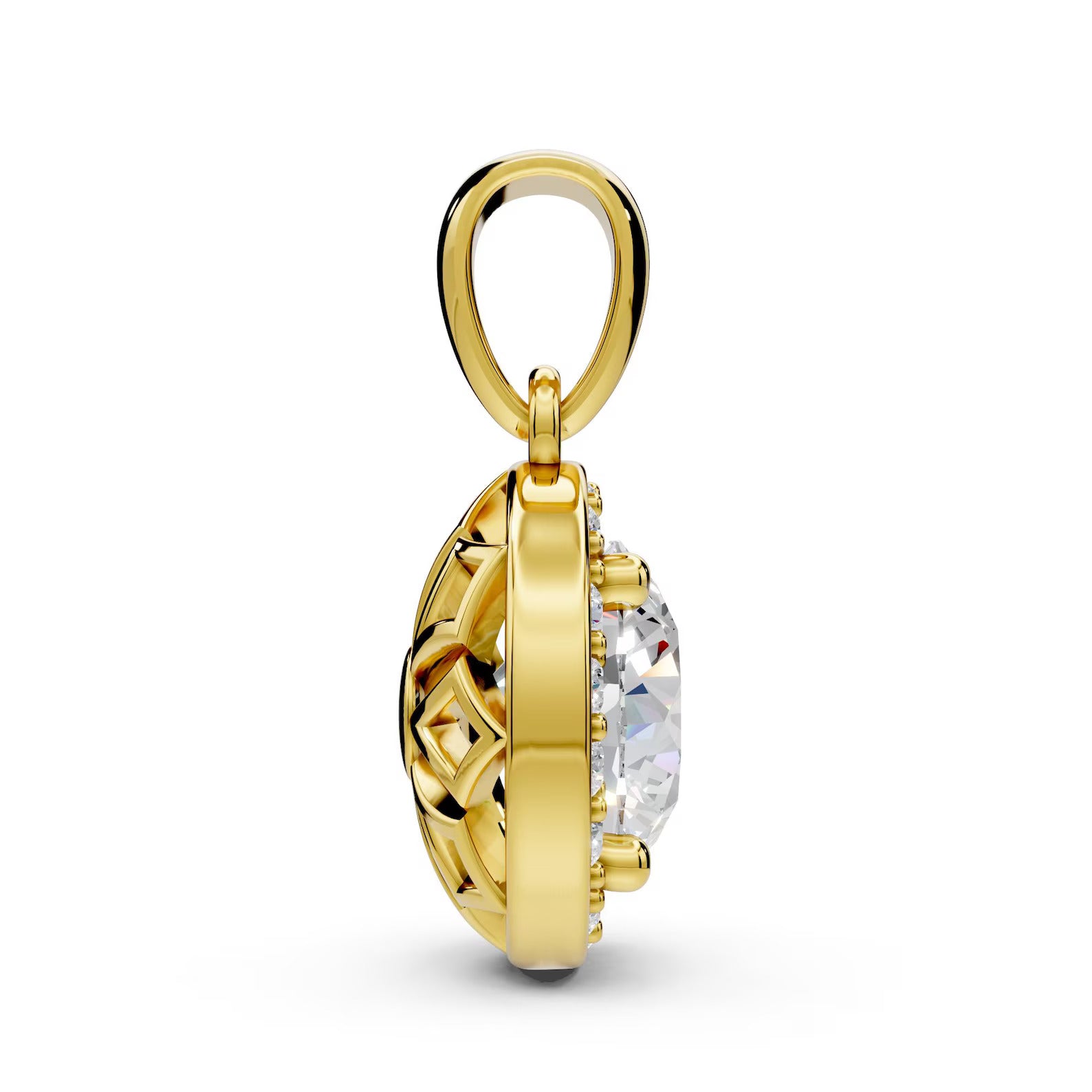 1 CT Round Lab Grown Diamond Halo Pendant, Yellow Gold Diamond Necklace, Solitaire Halo Pendant, Anniversary Gift for Her
