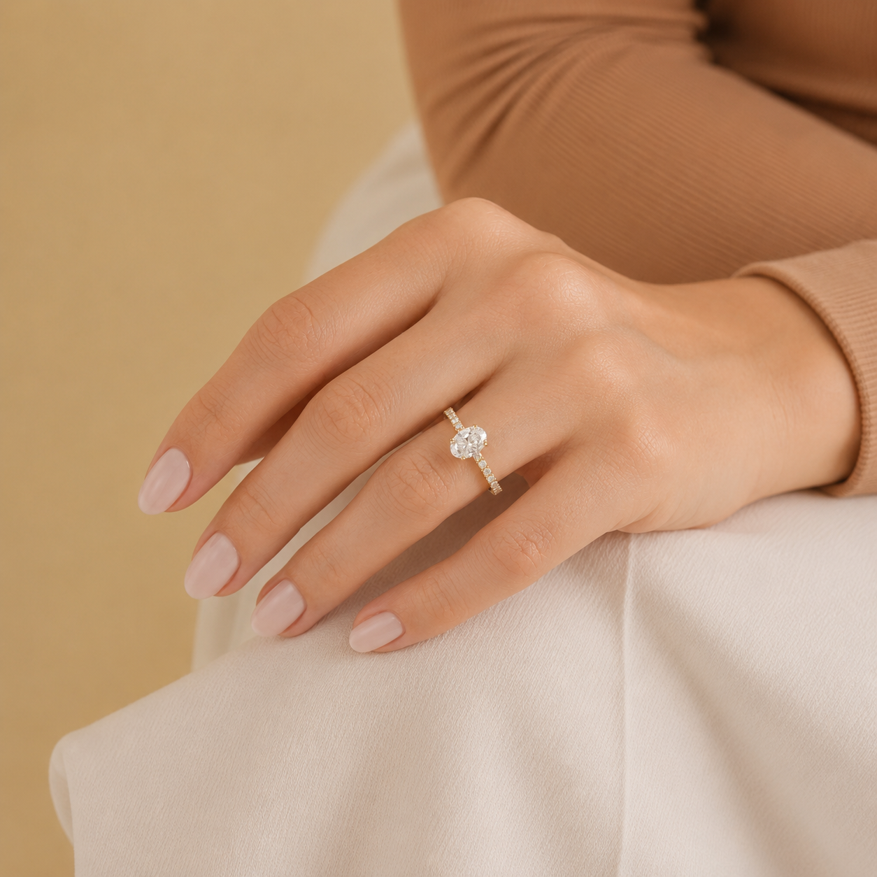 Oval Cut Diamond Engagement Ring, Pavé Solitaire Ring, Classic Four Prong Bridal Ring, Minimalist Proposal Ring, Wedding Jewelry Gift