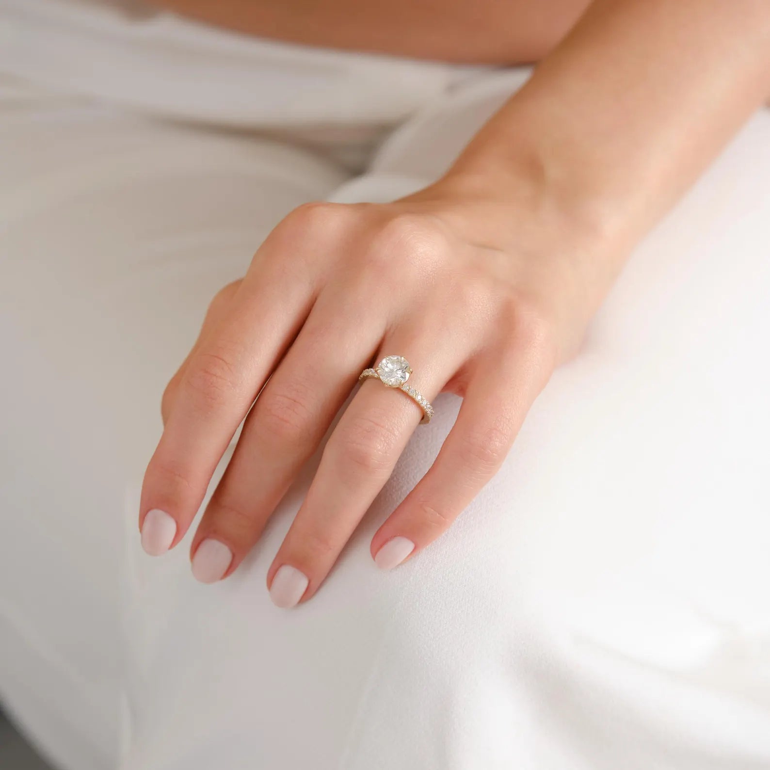 Round Cut Lab Grown Diamond Engagement Ring with Pave Band, Yellow Gold Solitaire Ring, IGI Certified Proposal Ring, Round Solitaire Ring
