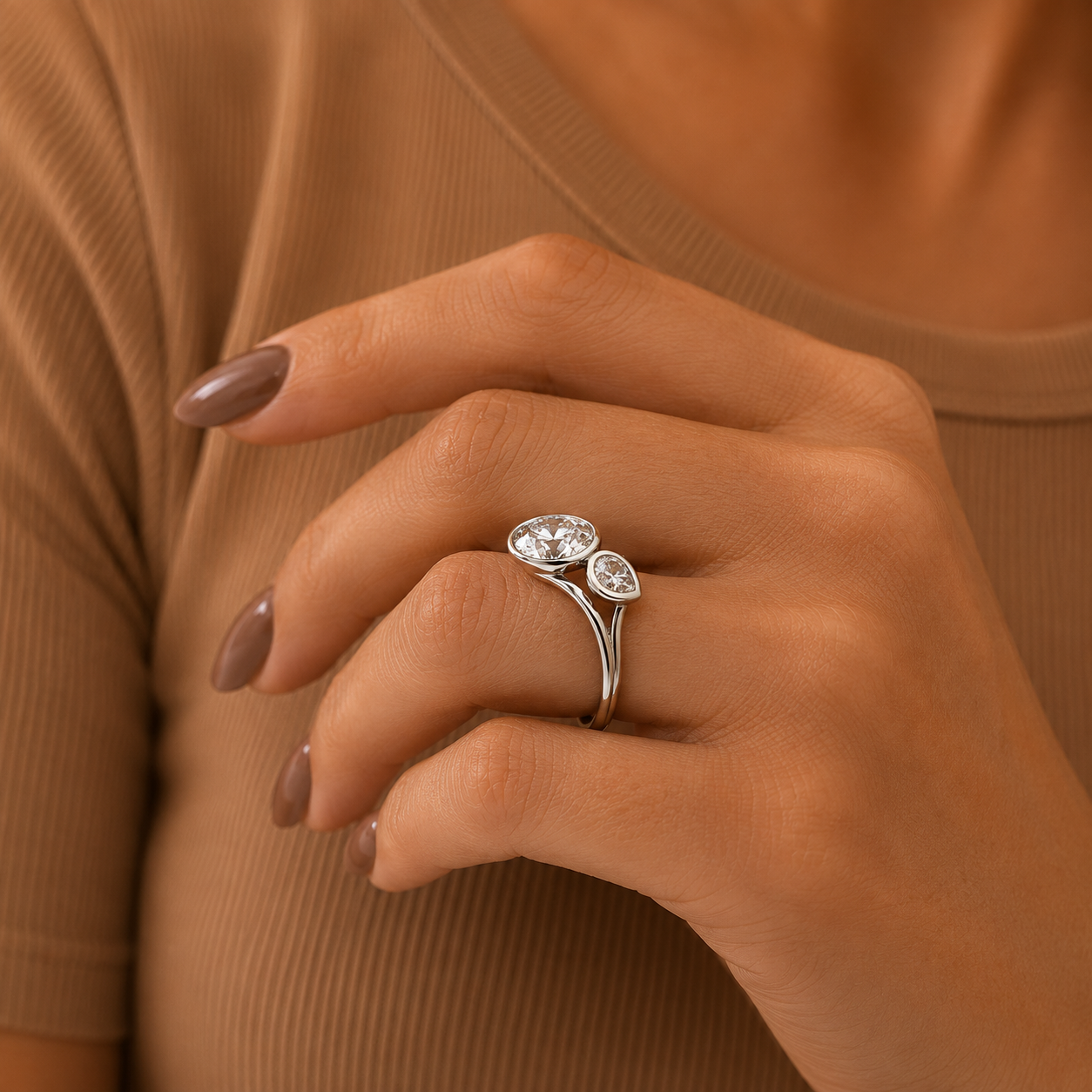 Round Cut Lab Grown Diamond Ring, Pear Side Stone Ring, Modern Gold Engagement Ring, Minimalist Bridal Ring, Anniversary Gift