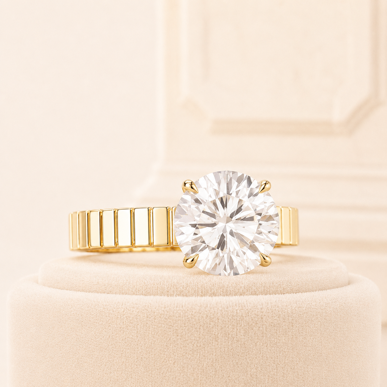 Round Diamond Engagement Ring, Wide Band Solitaire Ring, Lab Grown Diamond Ring, Yellow Gold Engagement Ring, Modern Geometric Ring