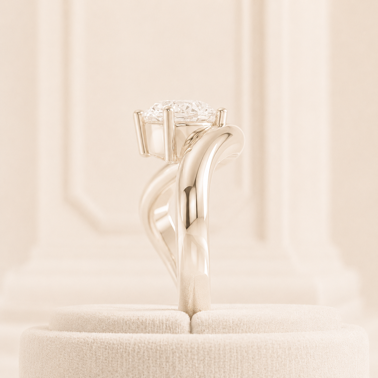 Round Cut Lab Grown Diamond Engagement Ring, Unique Gold Solitaire Ring, Curved Band Ring, Modern Bridal Ring, Statement Ring